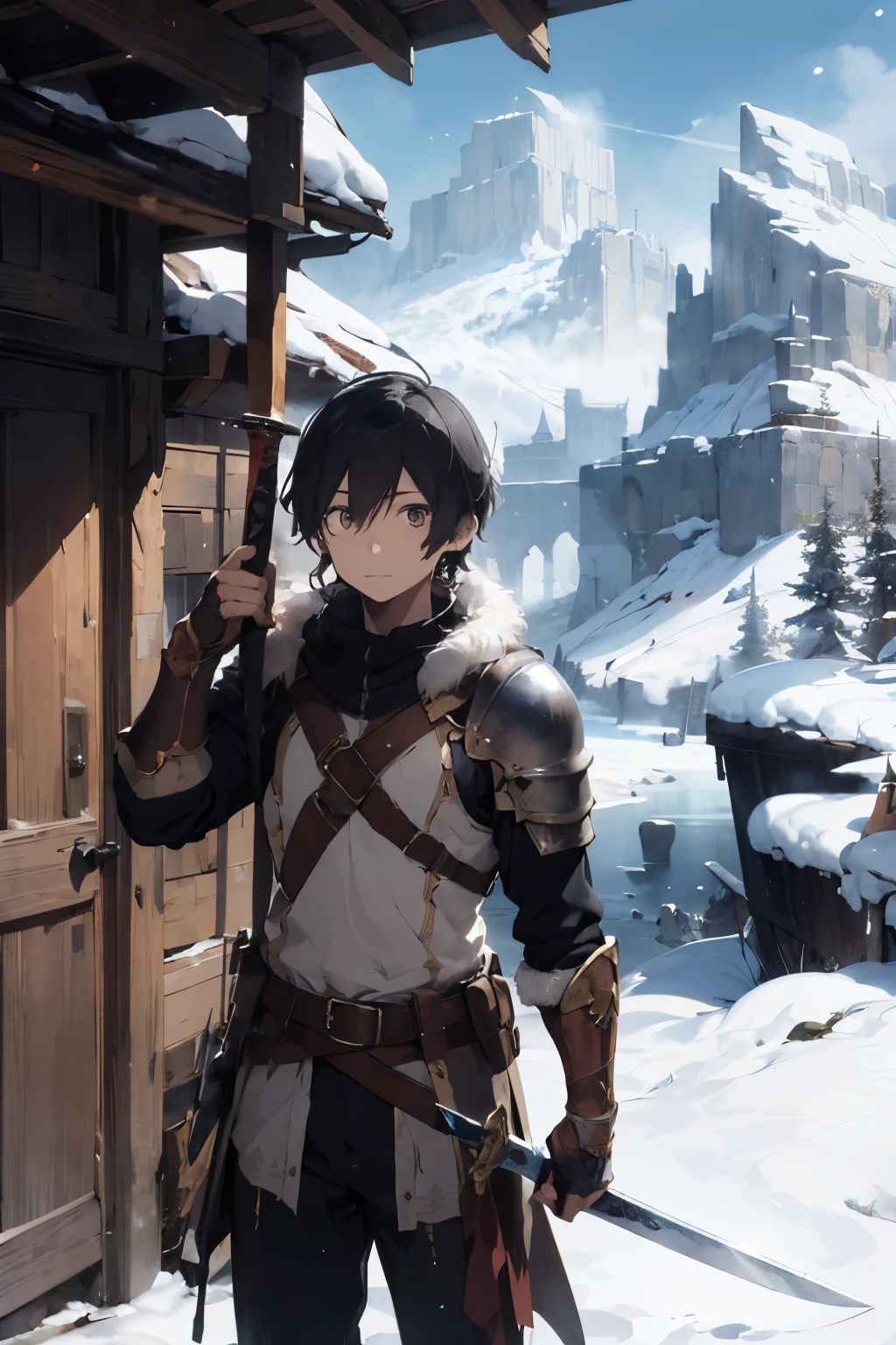 1boy, long hair, pale skin, adventurer, rpg , armor, skinny, fur, masterpiece, fantasy, character sheet, portrait, half body, snow, mountains, sword in hand,