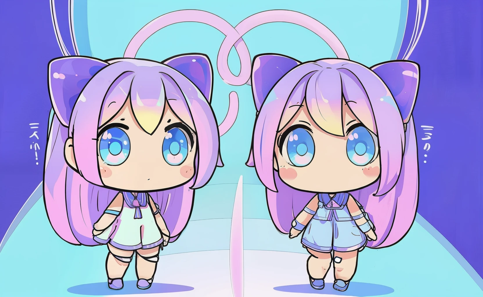 ((best quality)), ((ultradetailed)), ((masterpiece)), The 3D full body art of two super cute sisters, pretty eyes, big eyes, cute, happy, c4d, pop Matt Blind Box, rainbow, new sneakers, white background, chibi, fluorescent translucent, glowing body, kawaii, doll, T holding hands pose, reference sheet, pop mart blind box, Pixar, intricate details, symmetrical anatomy bodies, rendering 3d, blender, OC renderer, foll body reference sheet, dribble, high details, studio lighting, , , , chibi , character SD:1.1, resolution: 8K.