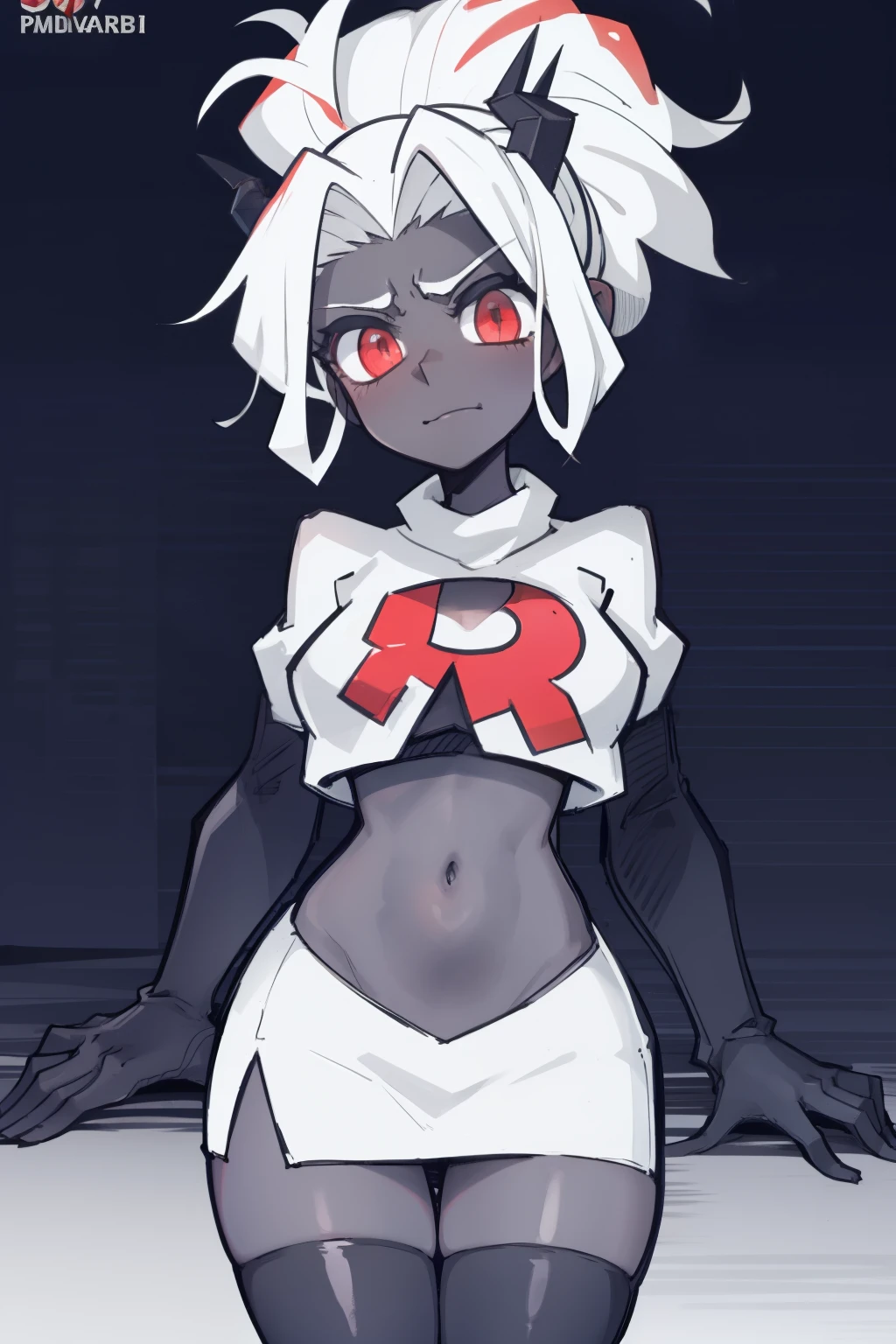 masterpiece, best quality,judgement with dark skin, white hair,team rocket,team rocket uniform,white skirt,red letter R,crop top,black thigh-highs,black elbow gloves, comic strip