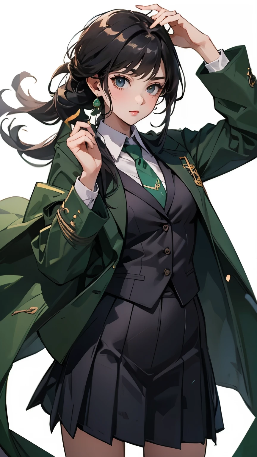 masterpiece, highest quality, 1 girl, alone, Nahida_Genshin, cross-shaped pupil, school uniform, green tie, blazer, pleated skirt, green cloak, Are standing
