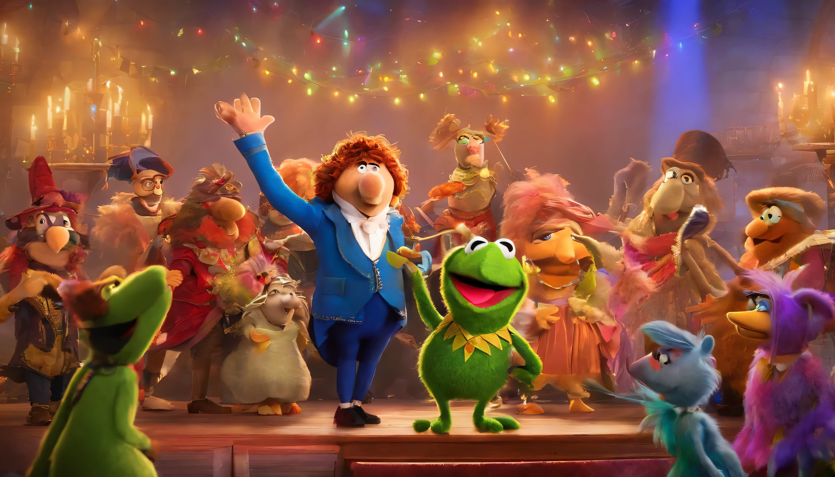 Pippin and the Muppets form a joyful ensemble, singing catchy tunes and dancing in harmony.
The stage is filled with vibrant colors, and musical notes and confetti add to the festive atmosphere.
Imaginative props like oversized musical instruments enhance the whimsical performance.Pippin features a wide, friendly grin with rosy cheeks and bright, expressive eyes. His eyes have a playful spark, and he sports distinctive eyebrows that convey mischievousness. Pippin's nose is small and button-like, contributing to his whimsical appearance. His lips are curved into a smile, reflecting a joyful and mischievous expression. The puppet's hair is curly, covering his ears and neck, offering an animated and lively look. Pippin is clean-shaven without any facial hair