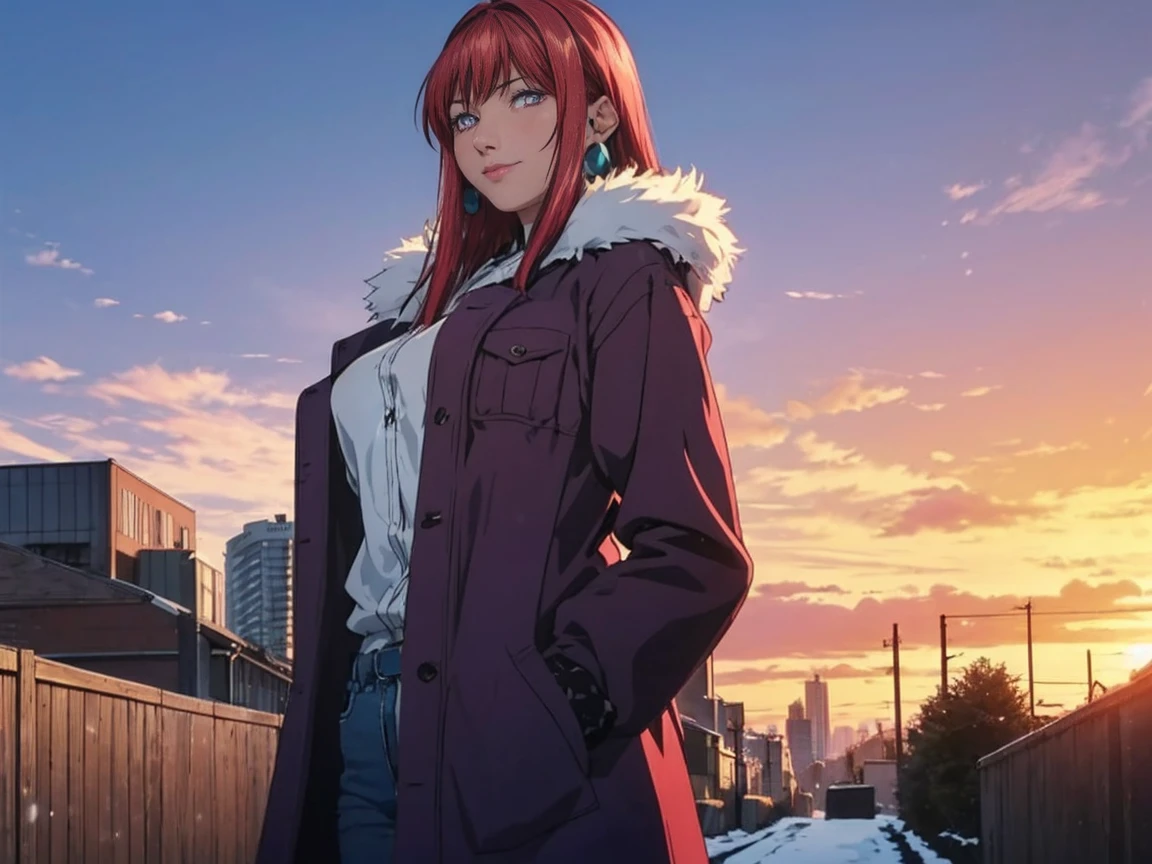 (high quality:1.2), intricate detailed, TakashiroHiroko, alone, mature female, solo, full body, looking at viewer, smirk, purple eyes, long hair, red hair, earrings, jewelry, (masterpiece, best quality:1.2), solo, 1girl, mistralrose, looking at viewer, hand in pocket, fur-trimmed coat, jeans, snowing, city street, sky, sunlight, city, complex background, sunset,