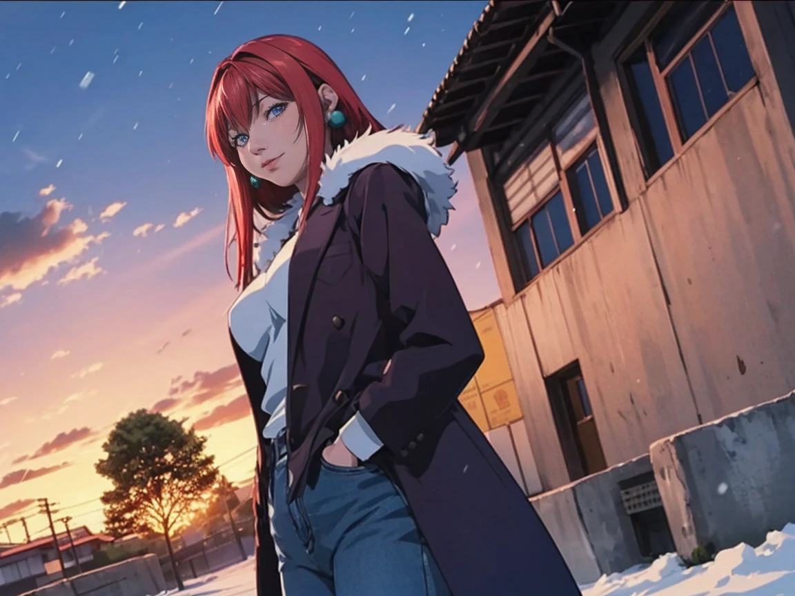 (high quality:1.2), intricate detailed, TakashiroHiroko, alone, mature female, solo, full body, looking at viewer, smirk, purple eyes, long hair, red hair, earrings, jewelry, (masterpiece, best quality:1.2), solo, 1girl, mistralrose, looking at viewer, hand in pocket, fur-trimmed coat, jeans, snowing, city street, sky, sunlight, city, complex background, sunset,