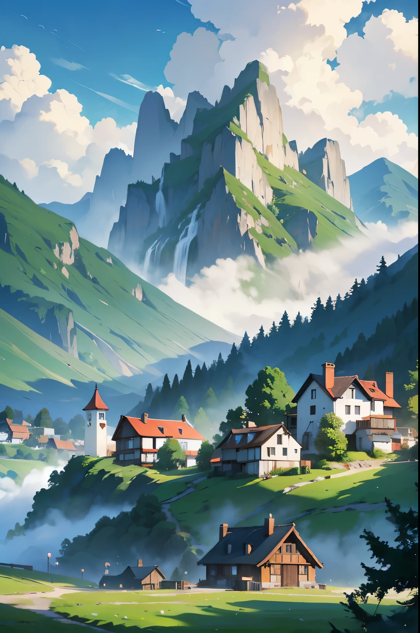 There is a beautiful town, many houses and modern buildings surrounded by mountains with many houses between mountains with clouds and some fog, all the houses are white, with red ones, it is a large town, green mountains.