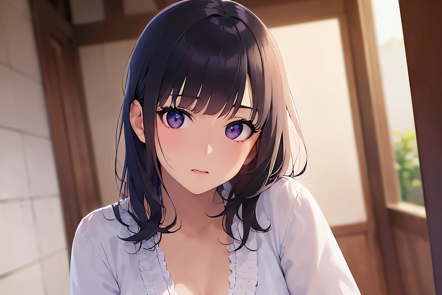 Stroking cheek, cinematic angle, Realistic, real person, RAW photo, photorealistic, portrait photography, shiny skin, japanese idol、(A 20-year-old woman with black bangs and purple eyes.) and (blunt bangs) and (straight midium hair), (wearing a white frilly blouse:1.5)、 (surprised:1.3), open moth, The background is the hotel hallway、Alone、Are standing