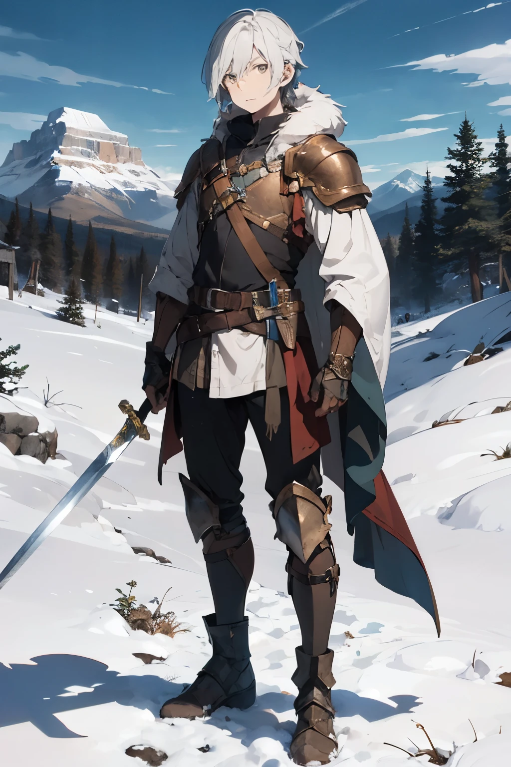 1boy, long hair, pale skin, adventurer, rpg , armor, skinny, fur, masterpiece, fantasy, character sheet, portrait, half body, snow, mountains, sword in hand,