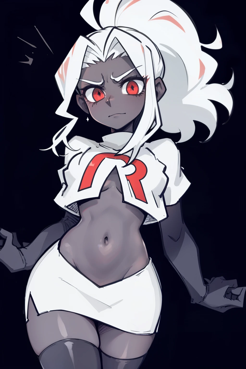 masterpiece, best quality,judgement with dark skin, white hair,team rocket,team rocket uniform,white skirt,red letter R,crop top,black thigh-highs,black elbow gloves, comic strip