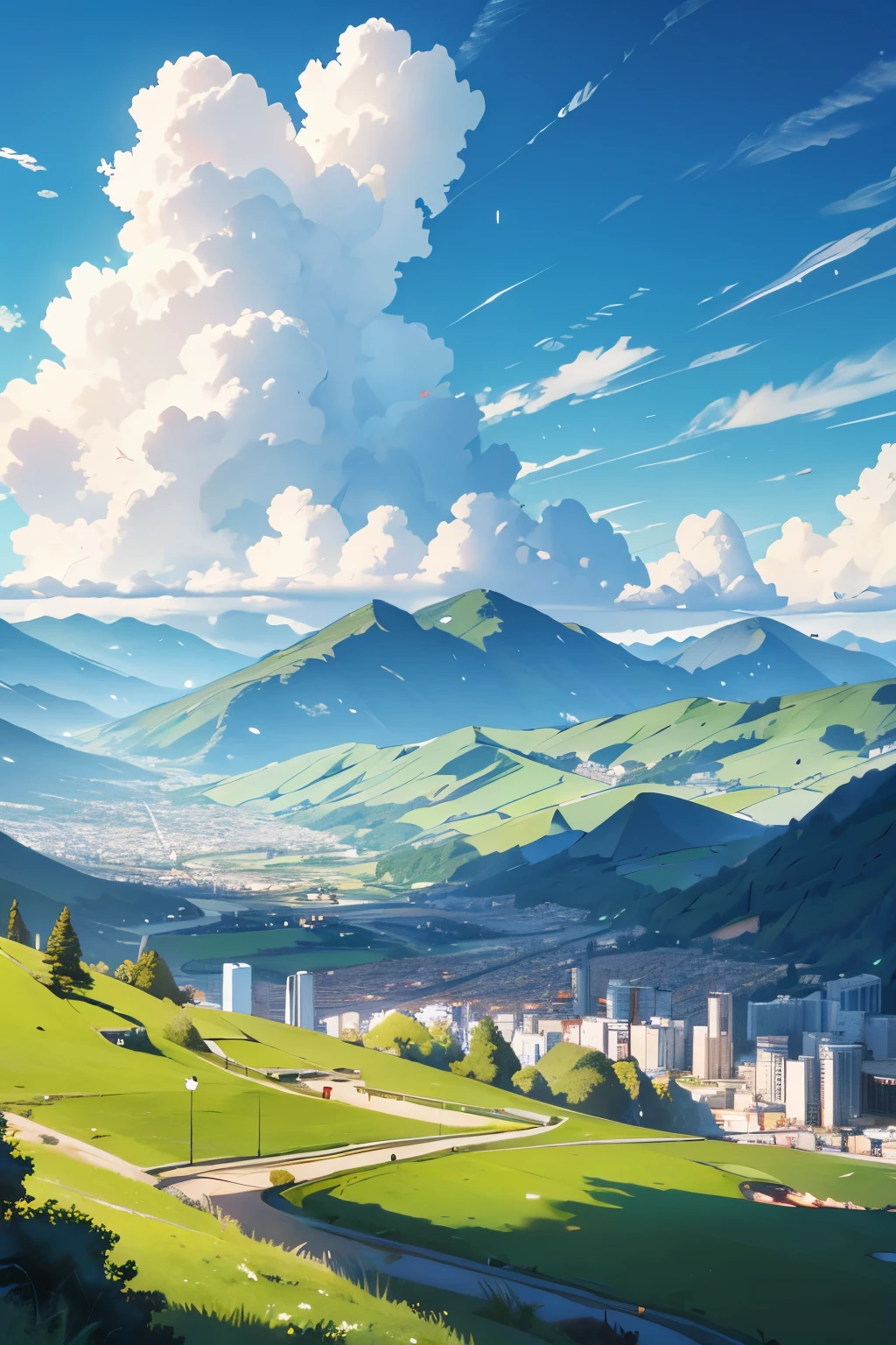 a large and modern city surrounded by green mountains and white clouds on a sunny day