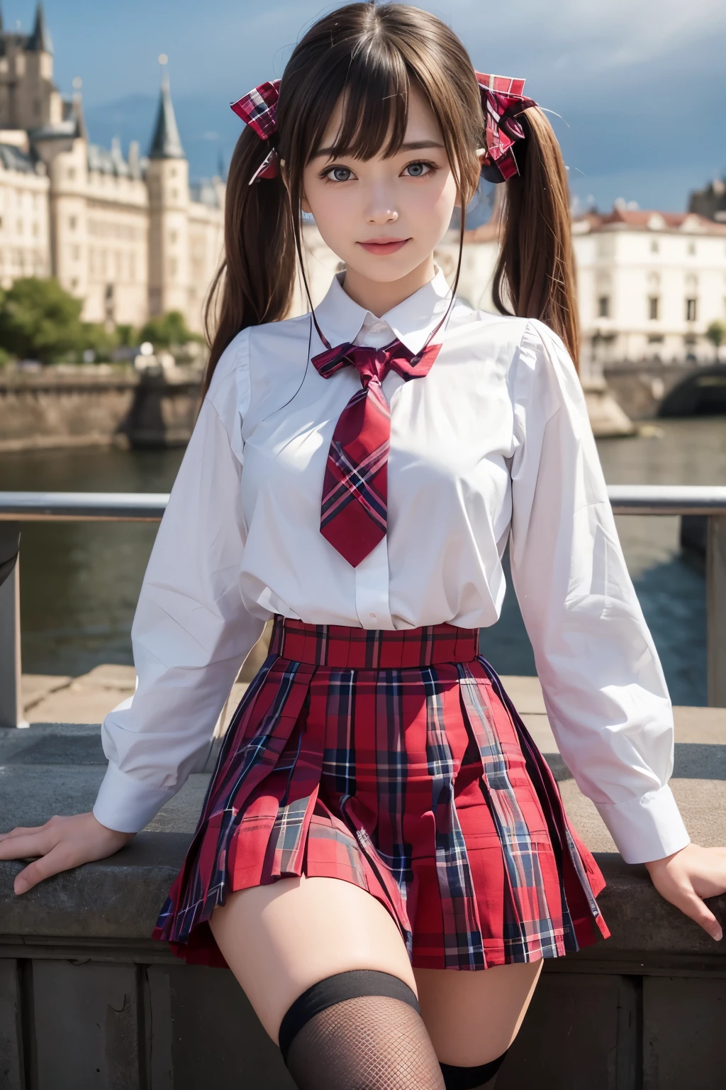 (masterpiece,highest quality,ultra high resolution),cute woman, Very beautiful girl, naive girl、perfect limbs、perfect anatomy、Shining beautiful skin、(bangs)、Moist blue eyes、smile、(ribbon、blonde twintails 1.5)、(tie)、(white blouse)、((Red tartan check、red check pleated skirt))、Fishnet tights、high school girl uniform、((medieval european castle、night view、background))