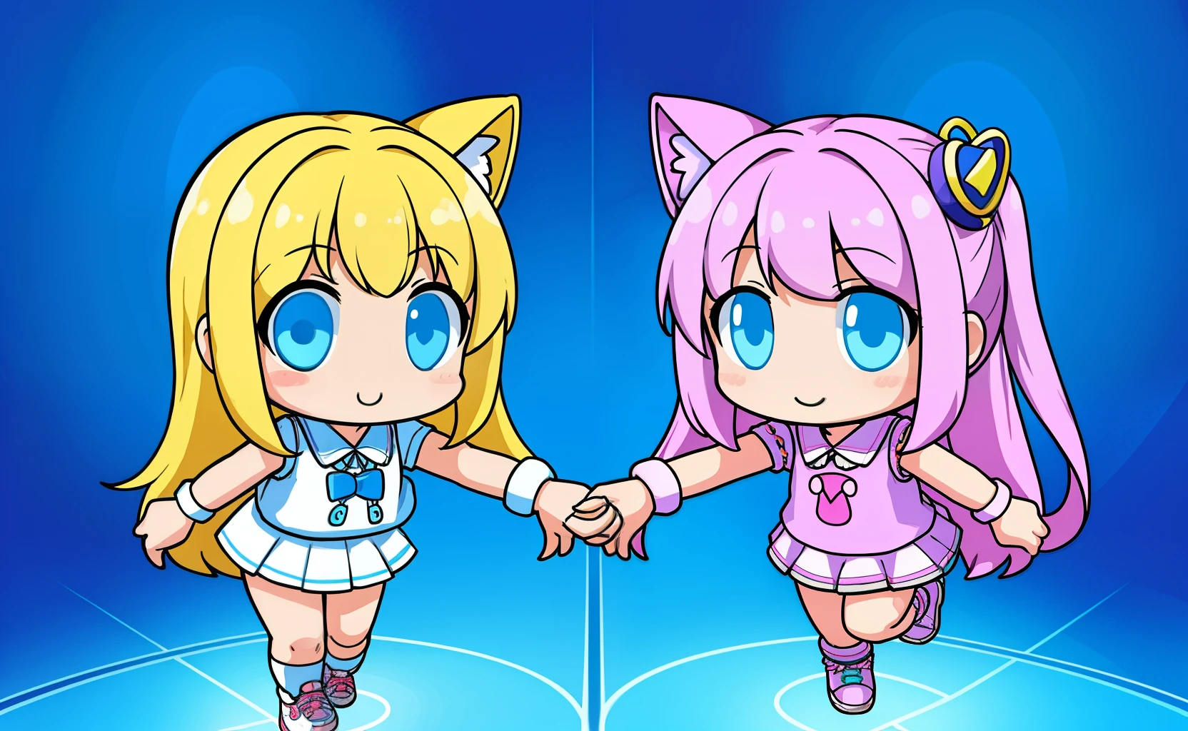 ((best quality)), ((ultradetailed)), ((masterpiece)), The 3D full body art of two super cute sisters, pretty eyes, big eyes, cute, happy, c4d, pop Matt Blind Box, rainbow, new sneakers, white background, chibi, fluorescent translucent, glowing body, kawaii, doll, T holding hands pose, reference sheet, pop mart blind box, Pixar, intricate details, symmetrical anatomy bodies, rendering 3d, blender, OC renderer, foll body reference sheet, dribble, high details, studio lighting, , , , chibi , character SD:1.1, resolution: 8K.