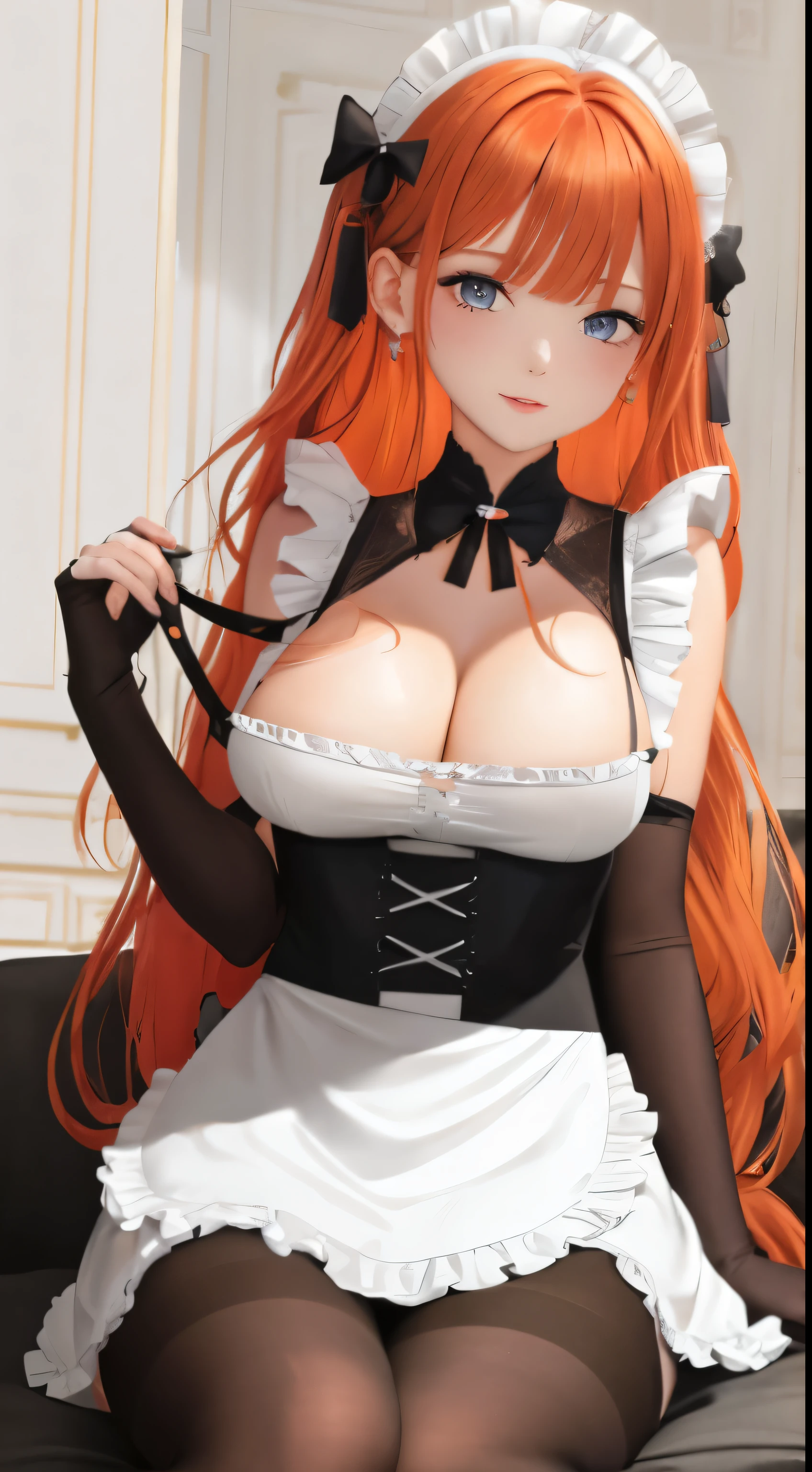 /draw apron orange_hair green_eyes breasts breasts_out couch dress female frills gloves highres koruse large_breasts long_hair looking_at_viewer lying maid maid_apron maid_headdress no_panties original solo gloves black pantyhose lifts her skirt and shows her ass in pantyhose HD UHD HQ