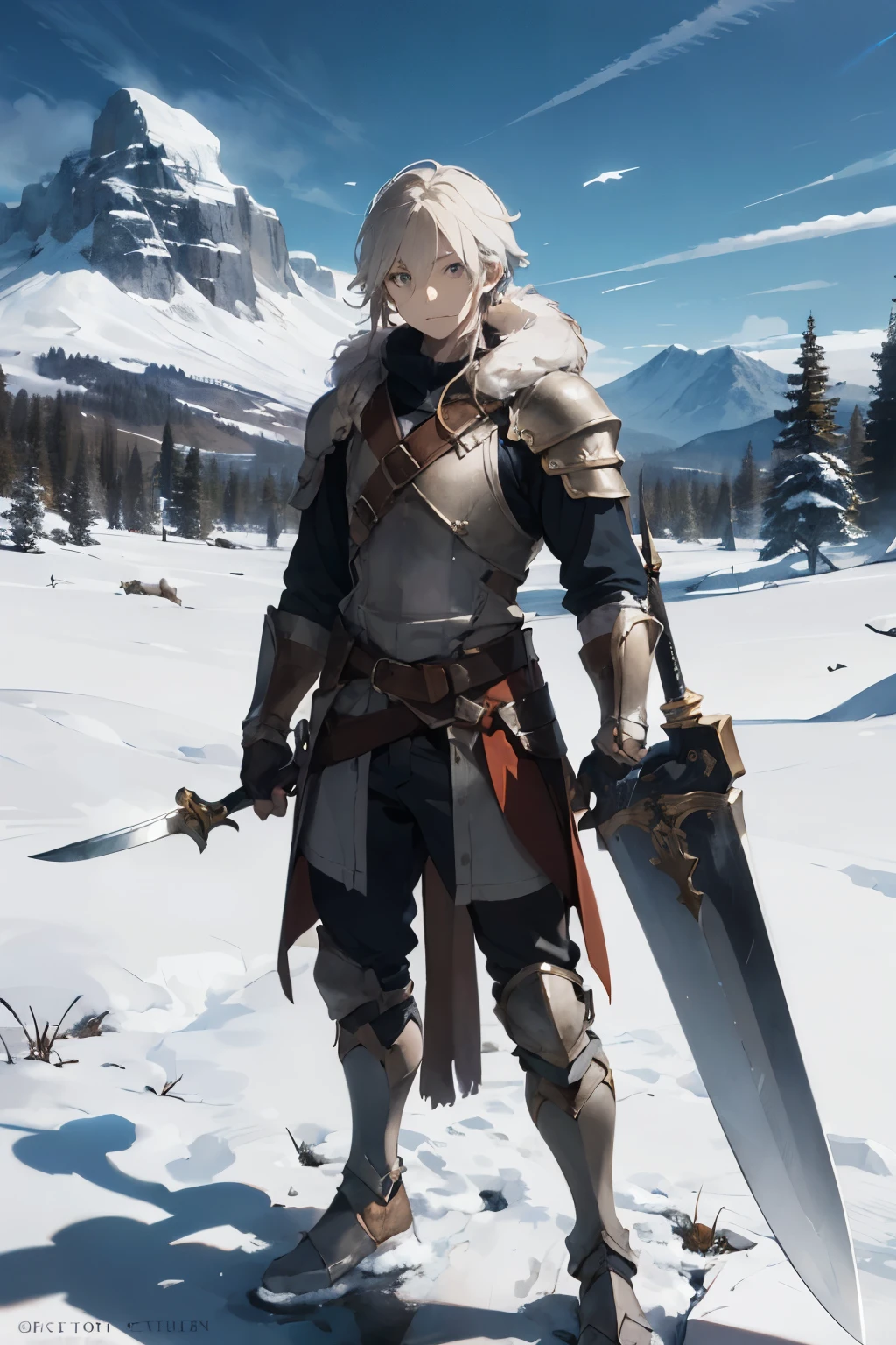 1boy, long hair, pale skin, adventurer, rpg , armor, skinny, fur, masterpiece, fantasy, character sheet, portrait, half body, snow, mountains, sword in hand,
