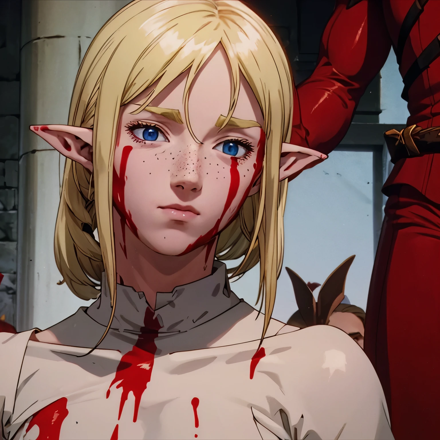 a beautiful blonde woman with elf ears and freckles, With his face covered in blood from a fight