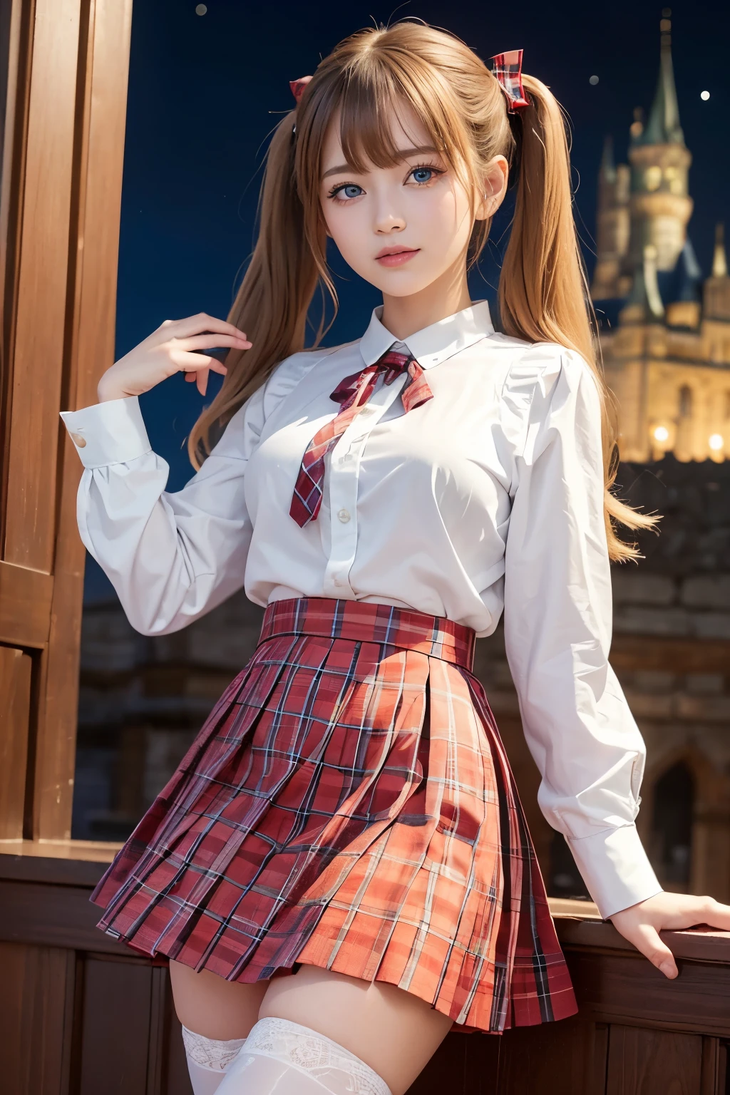 (masterpiece,highest quality,ultra high resolution),cute woman, Very beautiful girl, naive girl、perfect limbs、perfect anatomy、Shining beautiful skin、(bangs)、Moist blue eyes、smile、(ribbon、blonde twintails 1.5)、(tie)、(white blouse)、((Red tartan check、red check pleated skirt))、Fishnet tights、high school girl uniform、(((medieval european castle、night view、background)))