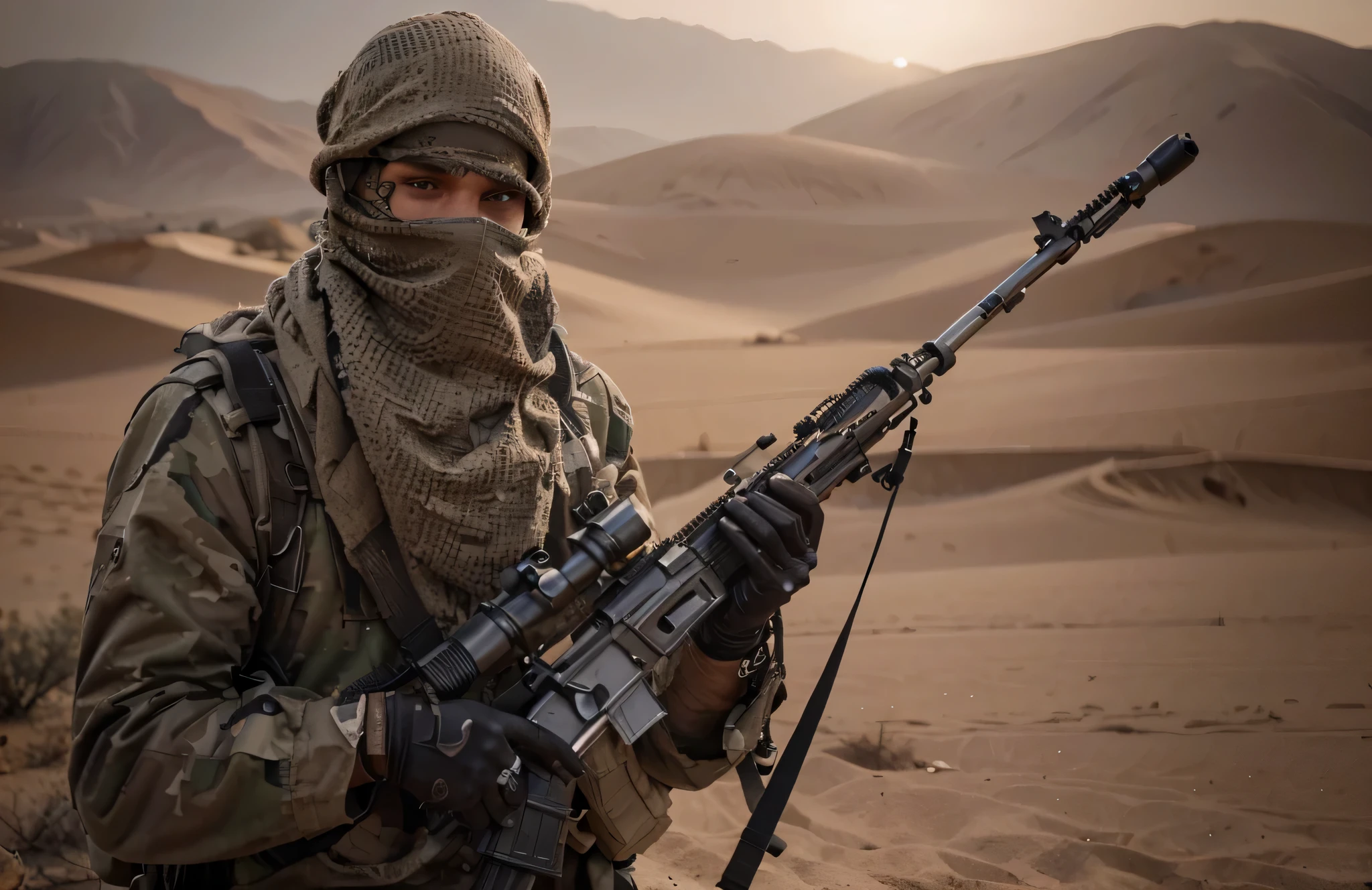 Soldado masculino, Her head is covered with a gray hijab that covers her entire face., guantes de cuero negro, uniforme militar beige, sosteniendo un rifle de francotirador, It's in the desert, huper Realista, mucho humo, noche, 4k, imagen ultra detallada, Realista, muy detallado, perfect composition, gorgeous, Intrincadamente detallado, incredibly detailed, 8 k artistic photography, hiper detallado, obra maestra, ultra detallado, hyper Realista, 4k, ultra detallado image, Realista, muy detallado, perfect composition, hermoso, Intrincadamente detallado, incredibly detailed, 8K fine art photography, hiper detallado, obra maestra