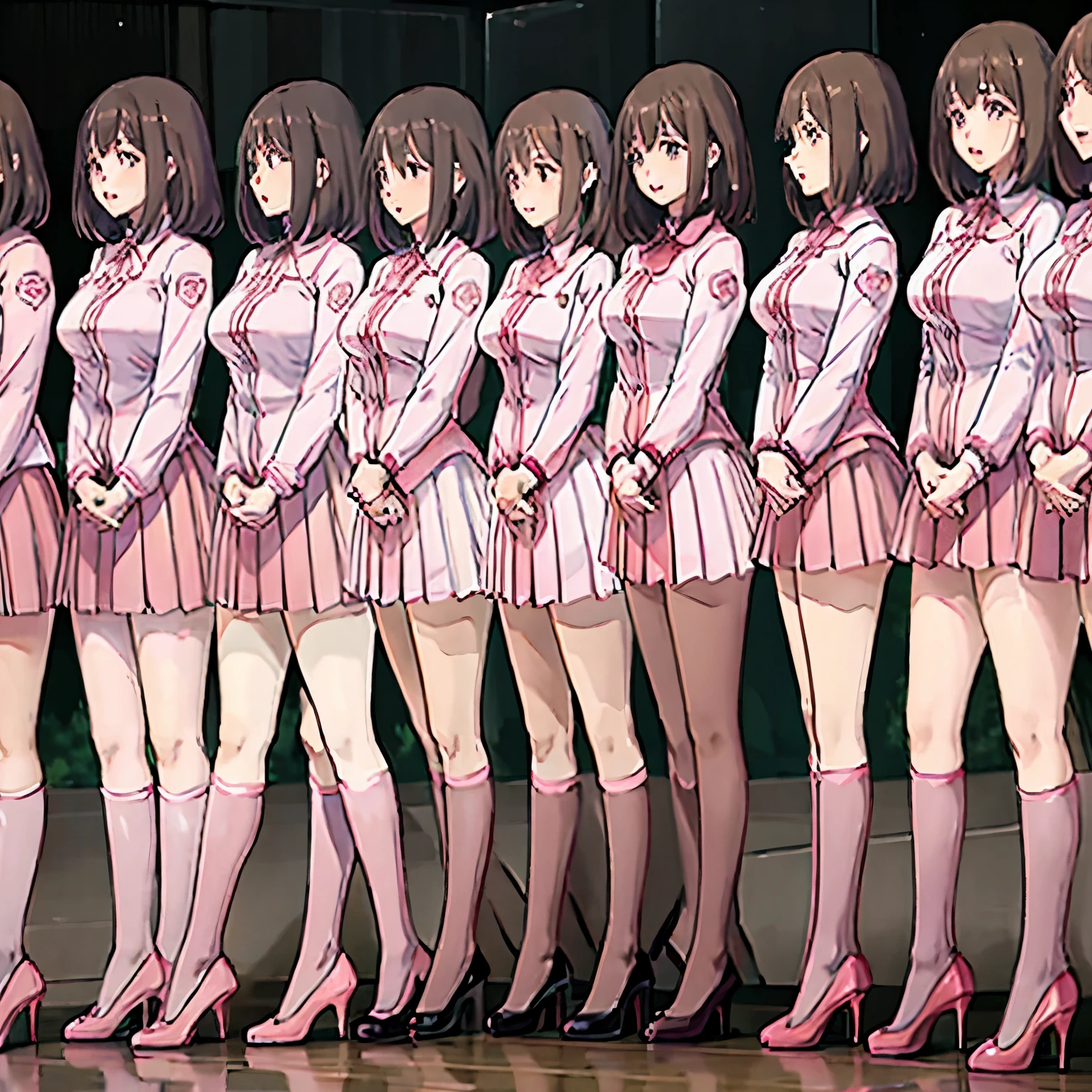 perfect anime illustration, multiple girls, thousands of girls, millions of girls, clones, identical sisters, neat rows of sisters, neat columns of sisters, sisters standing in formation, sisters in background, brown hair, curly hair, matching hairstyle, hazel eyes, smiling, ((matching outfits, pink uniform, high heels)), matching hairstyles, white background, highres, full body, pose