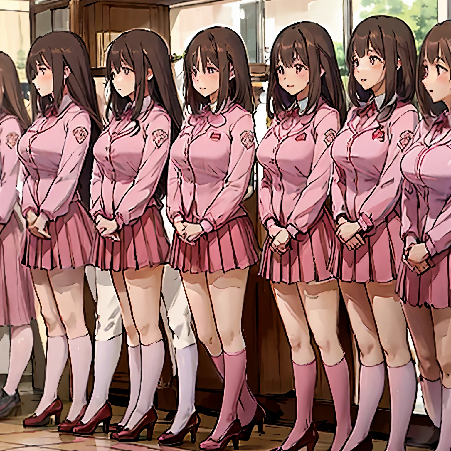 perfect anime illustration, multiple girls, thousands of girls, millions of girls, clones, identical sisters, neat rows of sisters, neat columns of sisters, sisters standing in formation, sisters in background, brown hair, curly hair, matching hairstyle, hazel eyes, smiling, ((matching outfits, pink uniform, high heels)), matching hairstyles, white background, highres, full body, pose