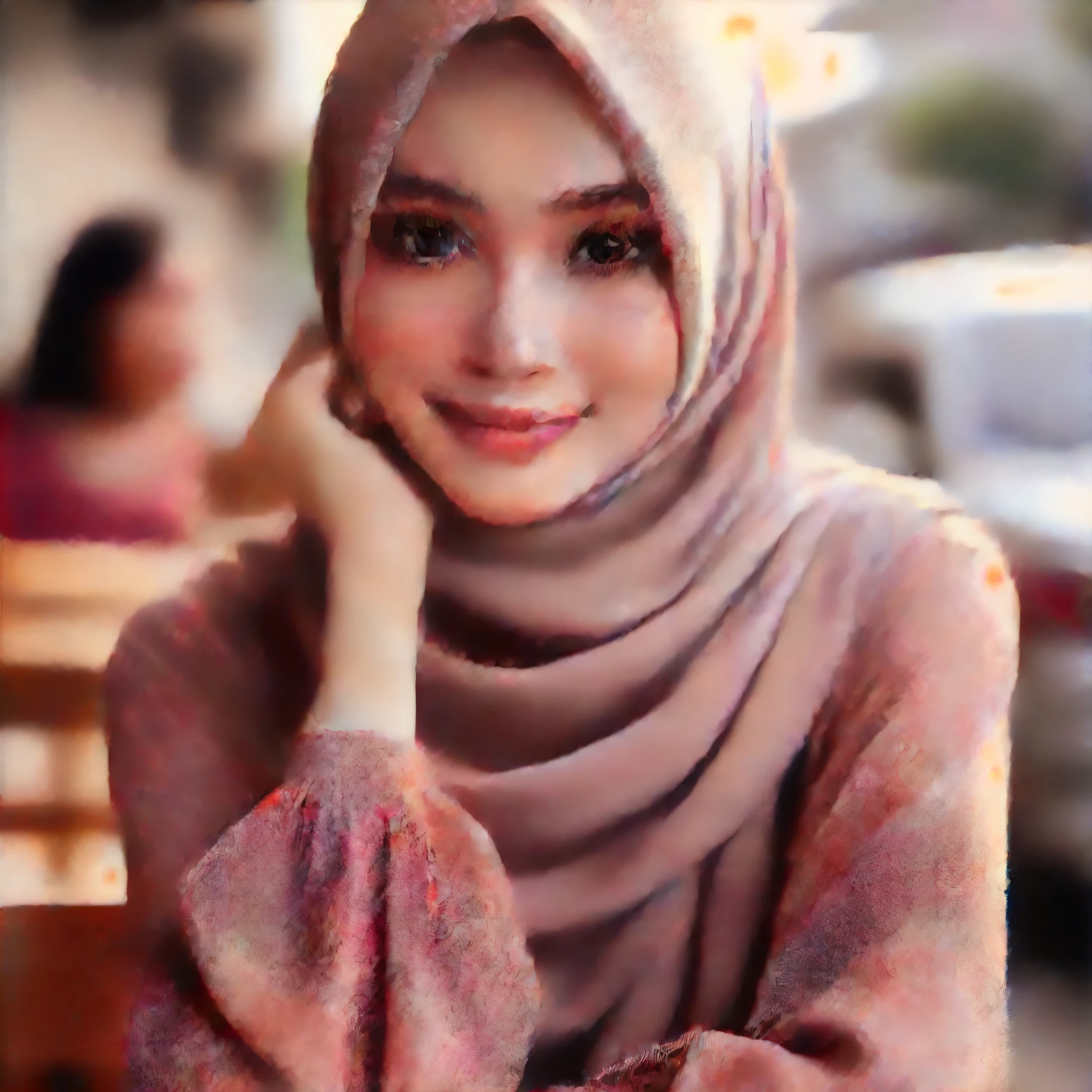 Most beautiful indonesian woman, pale skin, hijab, long sleeve blouses, islamic attire style, natural textured skin, mole on face, double eyelid, perfectly drawn face, slightly smile, sitting at sideroad restaurant, sunlight, daytime, shadow, best quality, high intricate detail, depth of field, hyper realism