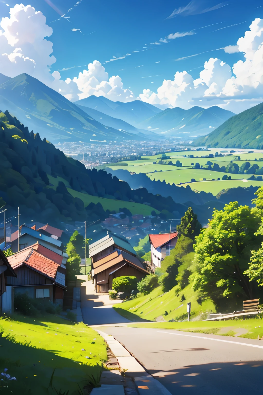 There is a medium-sized modern city surrounded by green mountains and white clouds. It is a sunny day.