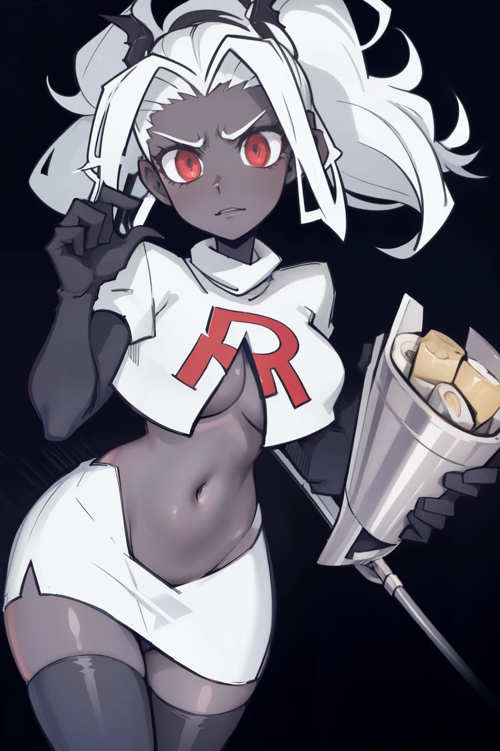 masterpiece, best quality,judgement with dark skin, white hair,team rocket,team rocket uniform,white skirt,red letter R,crop top,black thigh-highs,black elbow gloves, comic strip