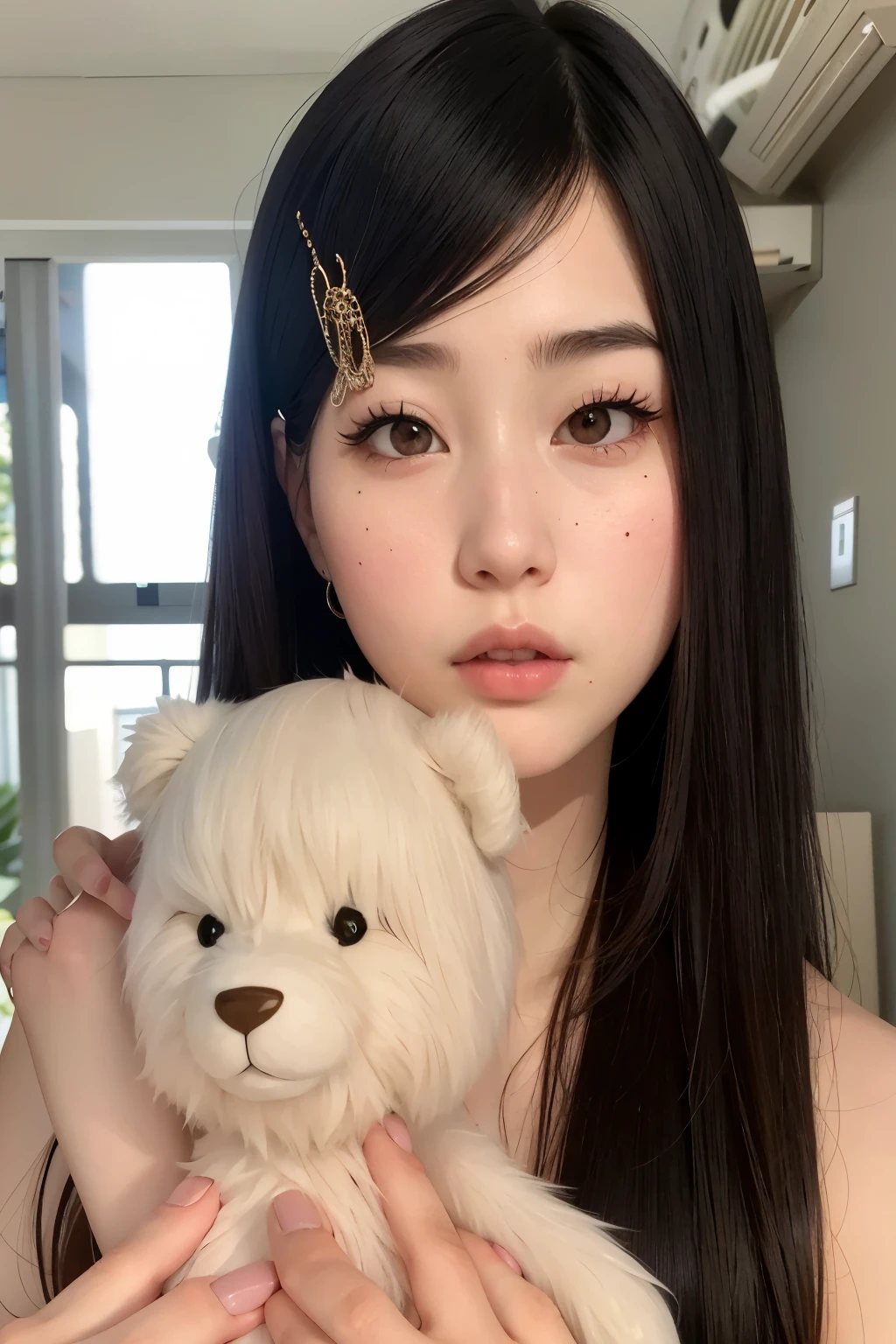 there is a woman holding a teddy bear in her hands, Ulzzang, maquiagem sul-coreana popular, adorable and pale korean face, young lovely korean face, maquiagem coreana popular, coreana, linda mulher sul-coreana, linda jovem coreana, linda jovem coreana, Korean facial features, young pale and beautiful asian face, pale porcelain white skin, garota cara fofa