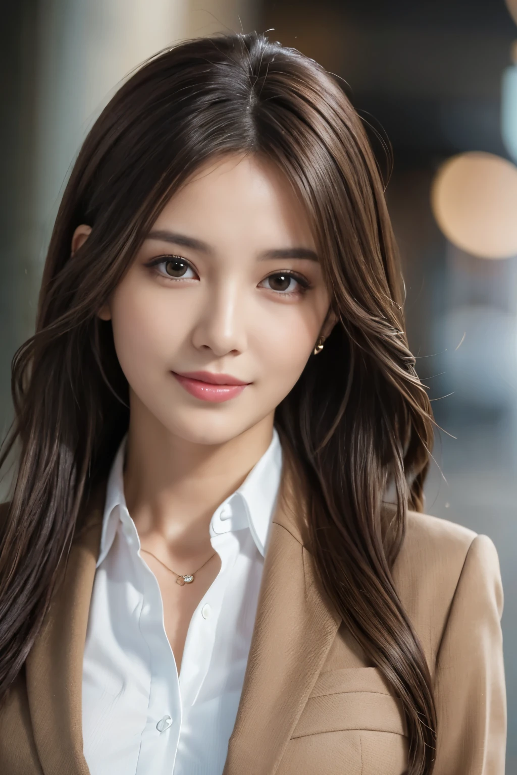 masterpiece, highest quality, realistic, Super detailed, attention to detail, High resolution, 8k wallpaper, one beautiful woman,, light brown messy hair, wearing a business suit, sharp focus, perfect dynamic composition, beautiful and fine eyes, fine hair, Detailed realistic skin texture, smile, close-up portrait, model body shape