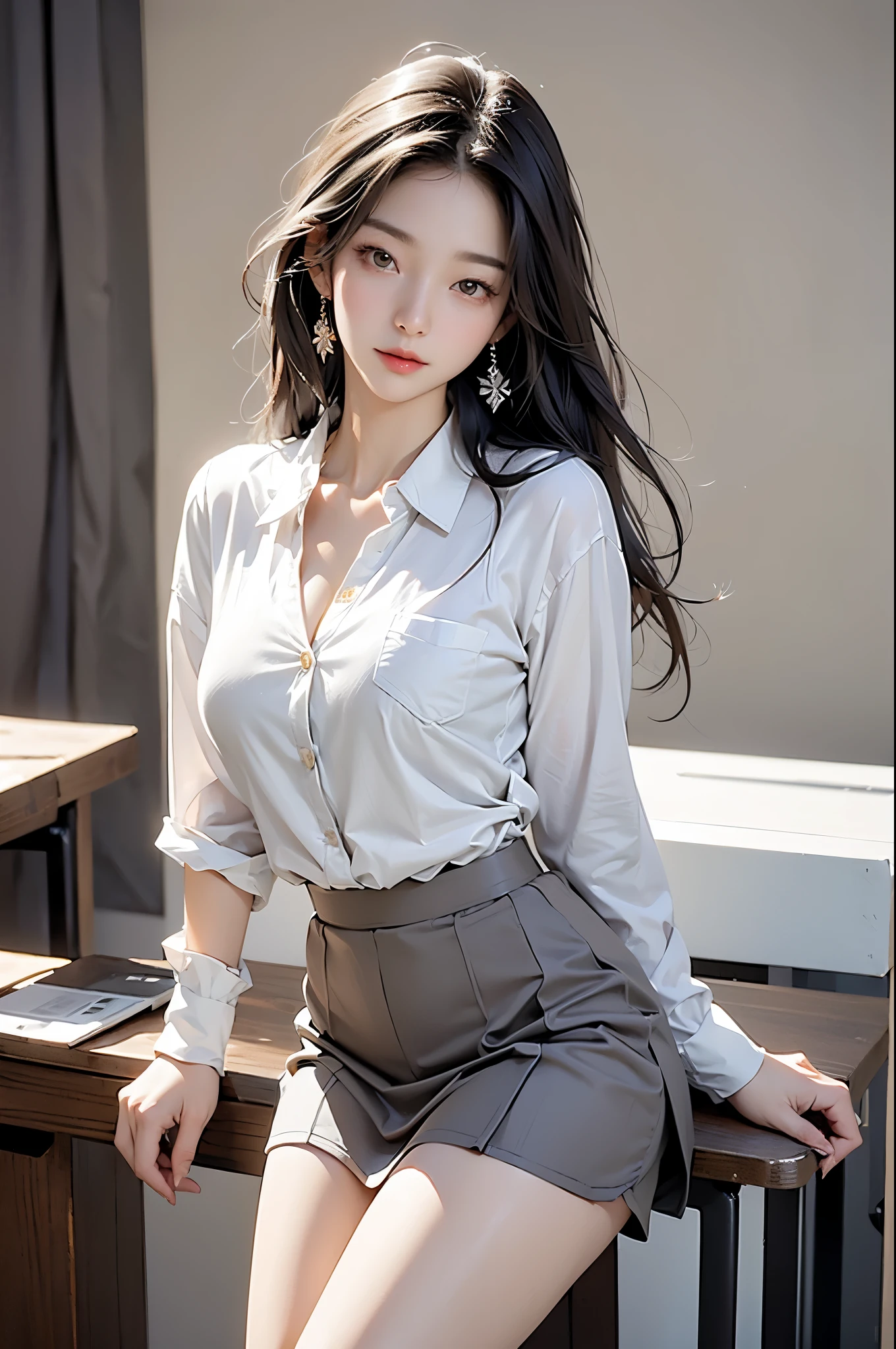 a Korean girl walking in the School, School, a white wall, a gray table, sexy pose,
(((masterpiece))), ((best quality)), ((intricate details)), ((hyper-realistic)), H, milf, mature woman, view, Very detailed, illustration, 1 girl, ((big breasts)), perfect hands, Detailed fingers, Beautiful and delicate eyes, long hair, brown eyes, Name label, CEO, (Korea School outfit:1.2), School blazer, School shirt, skirt, long School necktie, earrings, Detailed background, bedroom, perfect eyes, seductive eyes, looking at the audience, from the front