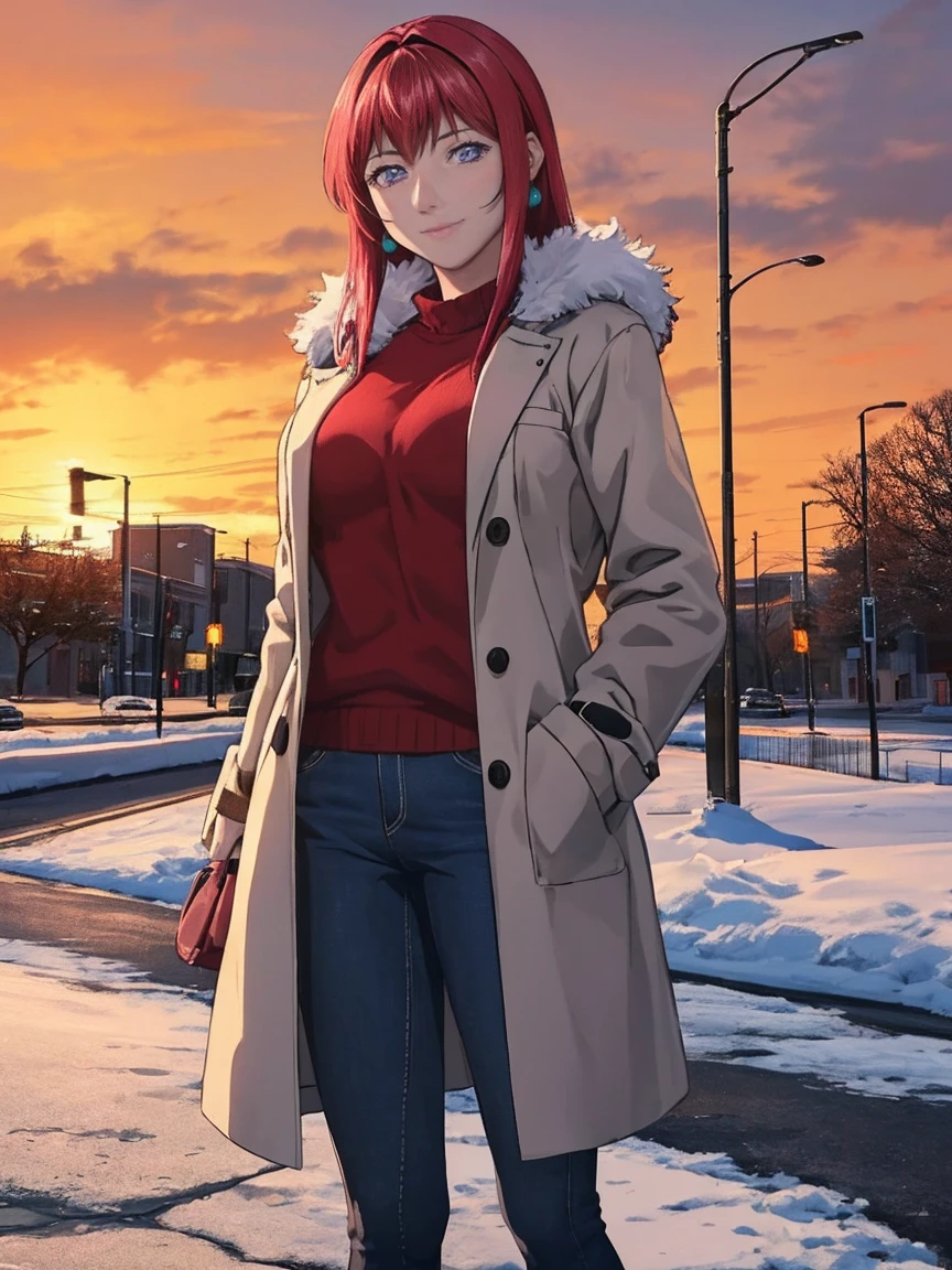 (high quality:1.2), intricate detailed, TakashiroHiroko, alone, mature female, solo, full body, looking at viewer, smirk, purple eyes, long hair, red hair, earrings, jewelry, (masterpiece, best quality:1.2), solo, 1girl, mistralrose, looking at viewer, hand in pocket, fur-trimmed coat, jeans, snowing, city street, sky, sunlight, city, complex background, sunset,