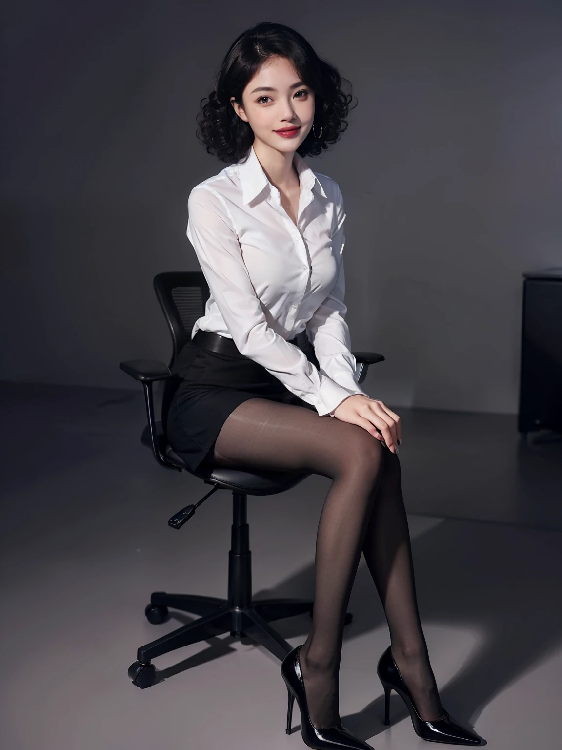 （anatomically correct:1.5)，(best quality:1.5), (full body portrait:1.3)，(delicate face:1.1), (pretty face:1.1), slim figure, office lady，Office wear，Collared white shirt，(black high heels:1.2)，(curls:1.2)，(black_pantyhose:1.2)，Lovely，Smile，(blush:1.1)，Keep your feet on the ground，Sit in an office chair