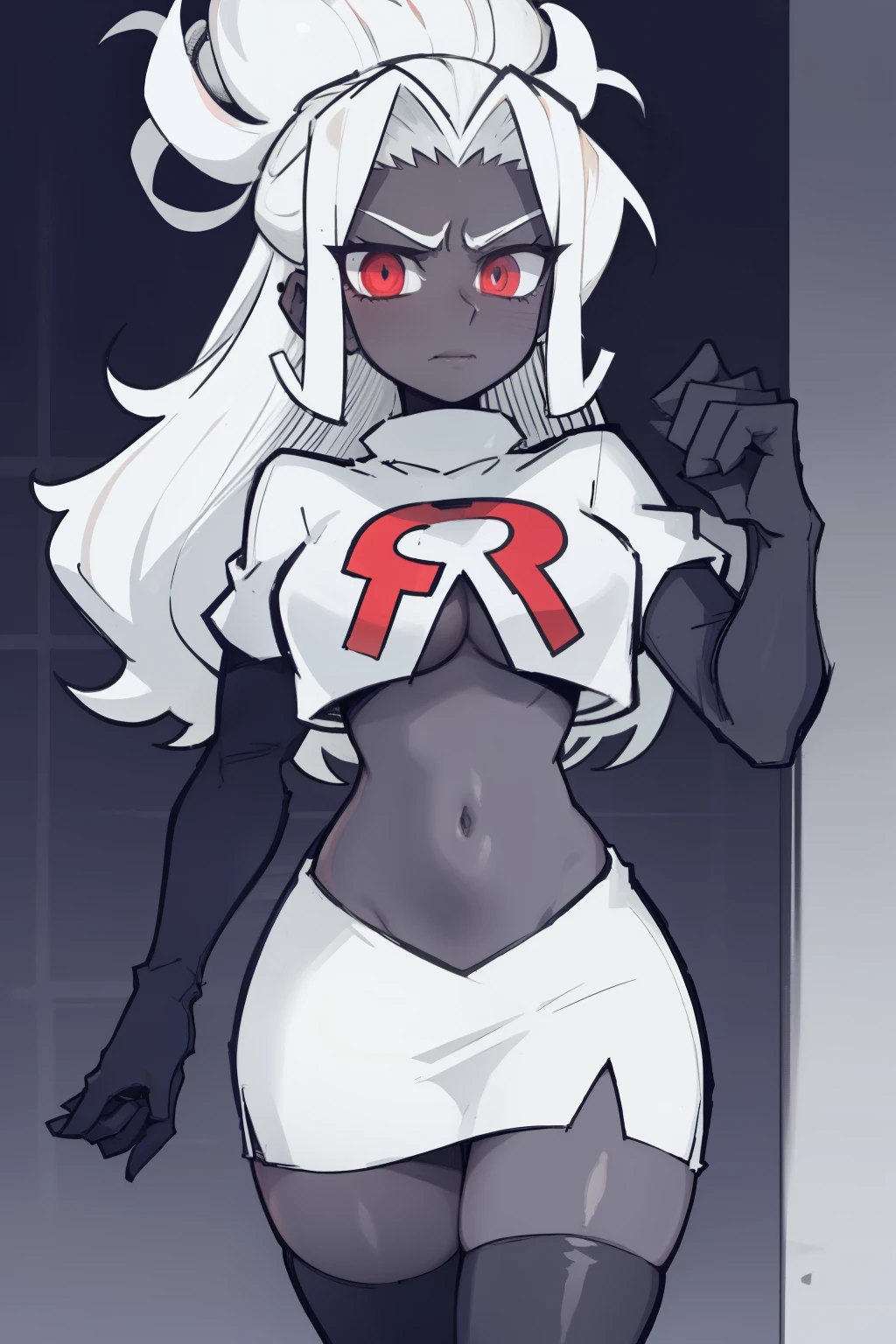 masterpiece, best quality,judgement with dark skin, white hair,team rocket,team rocket uniform,white skirt,red letter R,crop top,black thigh-highs,black elbow gloves, comic strip