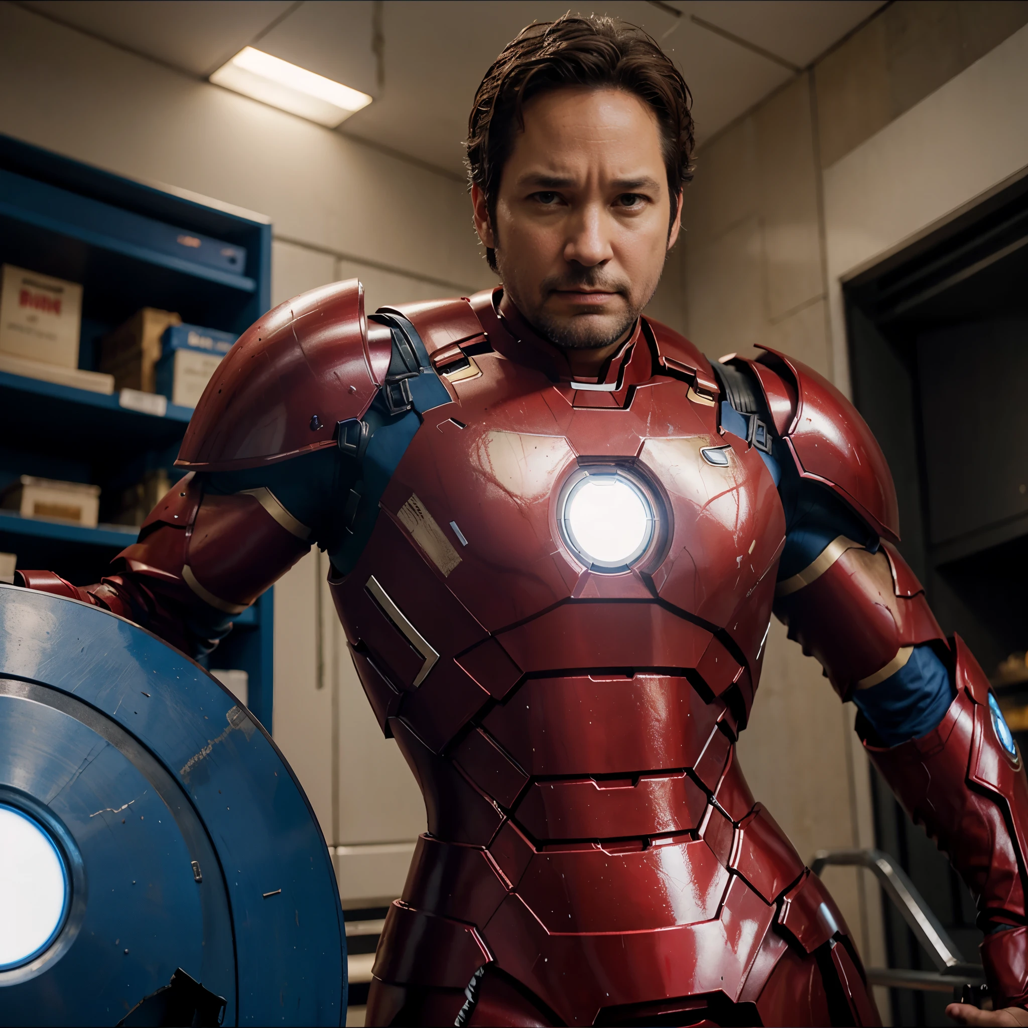 Create Paul Rudd as iron man, blue armor