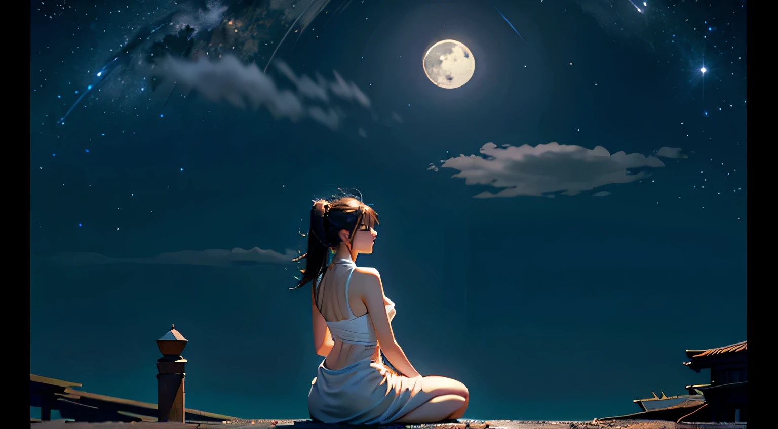 Meditation Poses Rear view woman one person full moon night sky beautiful High resolution genuine white clothes
