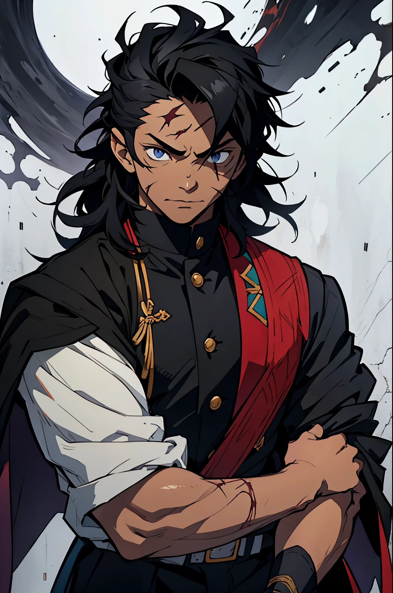 black young man, normal face, face bored, black hair, messy hair, , scar in face, demon slayer uniform, strong, sword, young