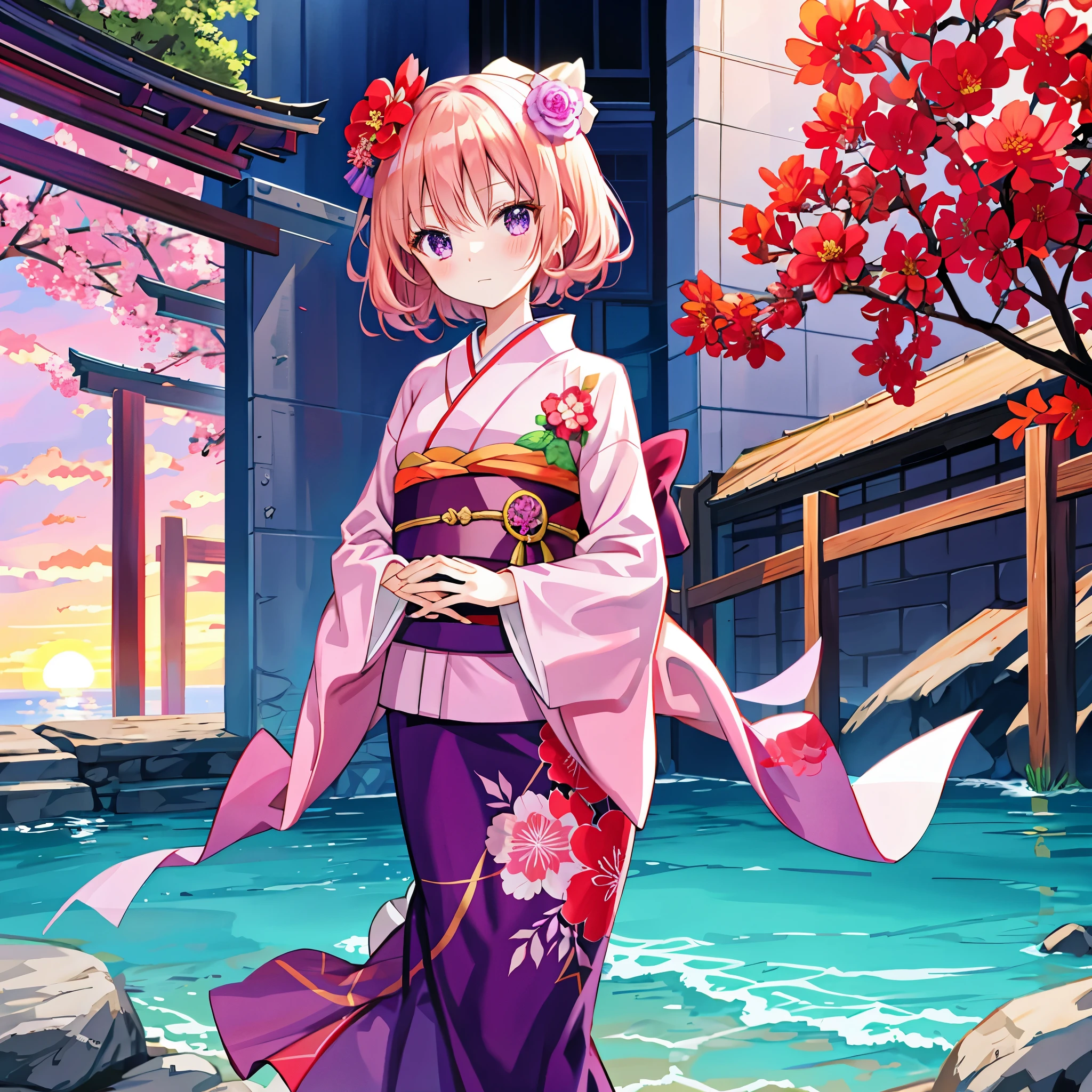 red blushblonde hair, purple eyes, Beautiful girl alone, animesque, soro, Kimono, florals, sunrise, lonely、Heavenly daughter