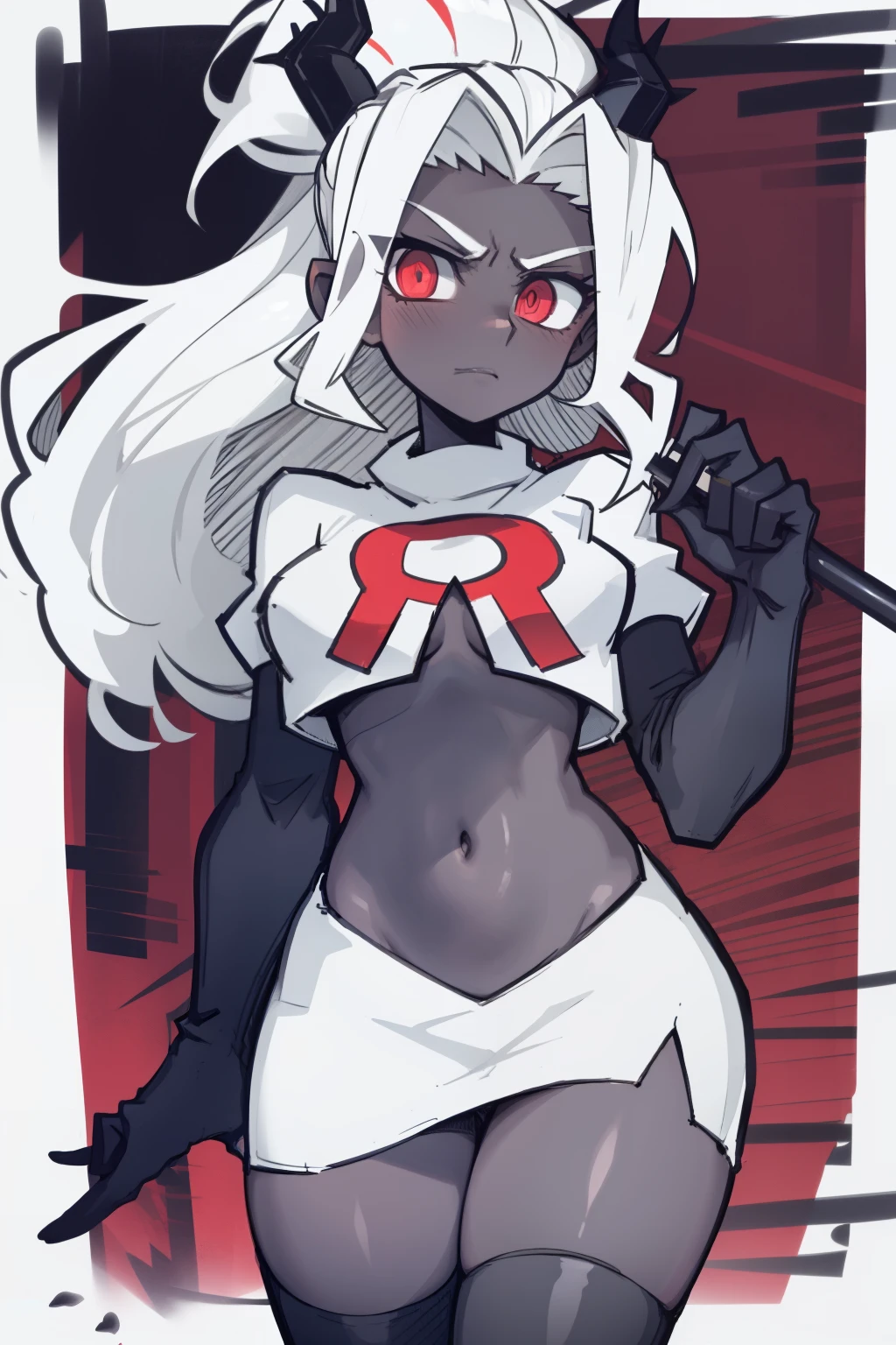 masterpiece, best quality,judgement with dark skin, white hair,team rocket,team rocket uniform,white skirt,red letter R,crop top,black thigh-highs,black elbow gloves, comic strip