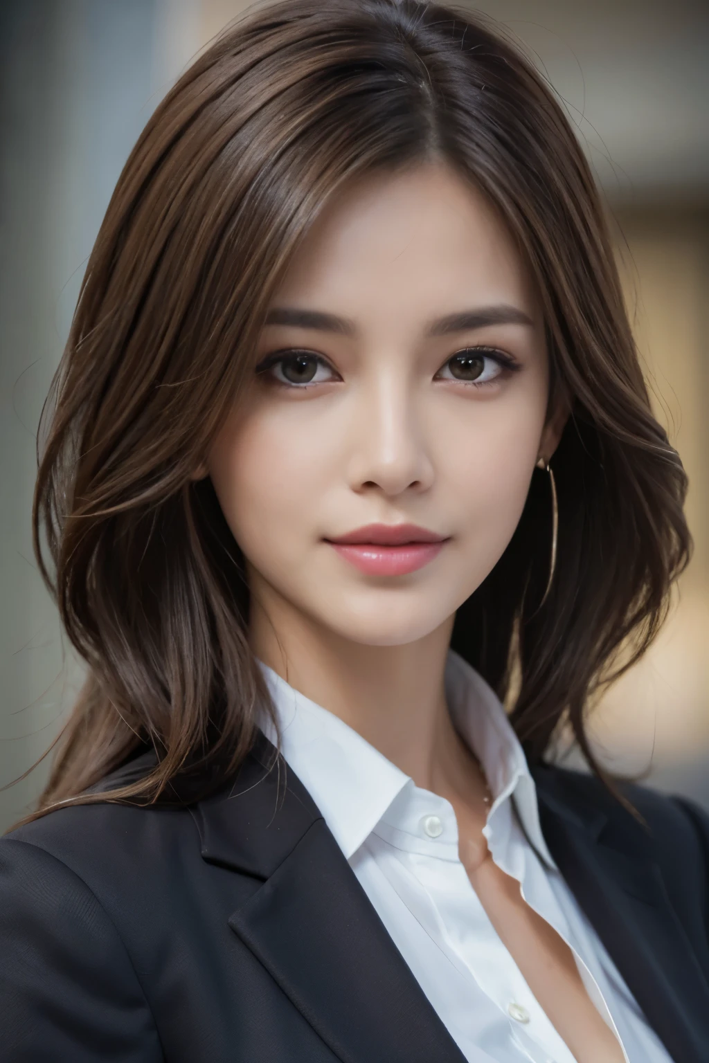 masterpiece, highest quality, realistic, Super detailed, attention to detail, High resolution, 8k wallpaper, one beautiful woman,, light brown messy hair, wearing a business suit, sharp focus, perfect dynamic composition, beautiful and fine eyes, fine hair, Detailed realistic skin texture, smile, close-up portrait, model body shape