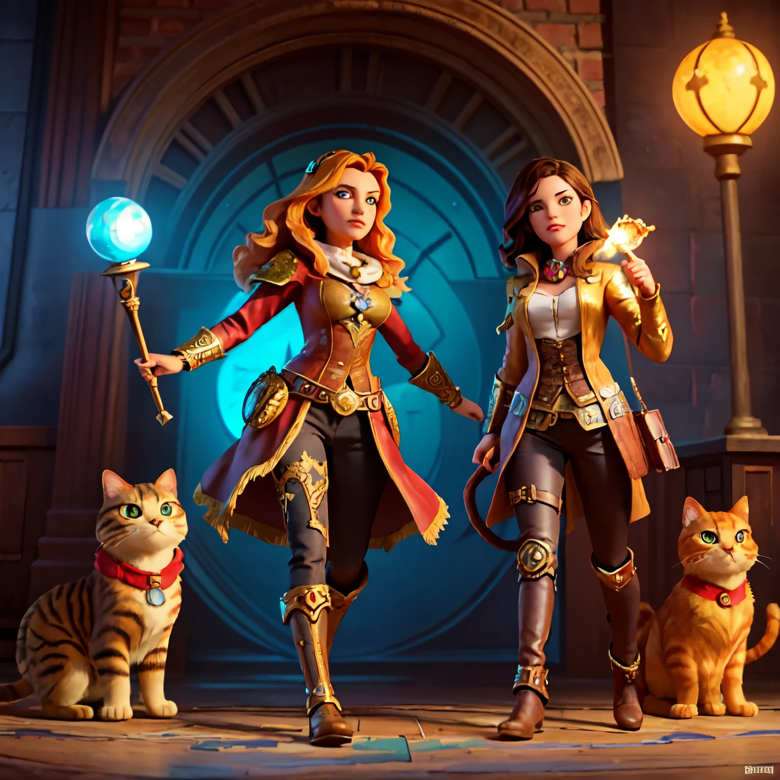 High-quality artwork:1.4, detailed UHD art:1.4, palette knife painting, fantasy and steampunk art, sorceress with cat, symmetrical golden cat armor, artists include Martin Ansin, Carne Griffiths, Petros Afshar, and Jody Bergsma, luminescent lighting, vfx portrait, detailed illustration, perfect composition.