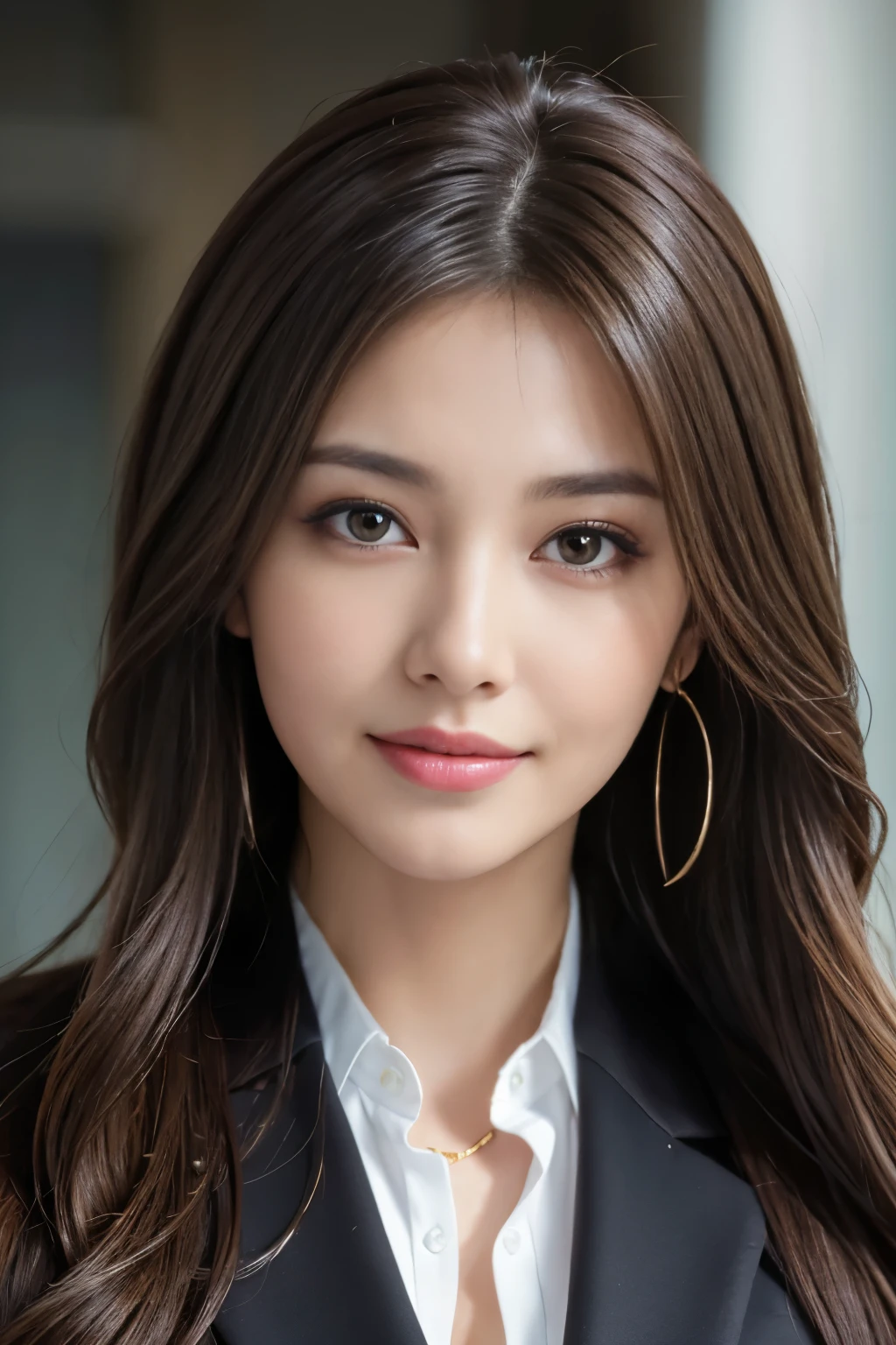 masterpiece, highest quality, realistic, Super detailed, attention to detail, High resolution, 8k wallpaper, one beautiful woman,, light brown messy hair, wearing a business suit, sharp focus, perfect dynamic composition, beautiful and fine eyes, fine hair, Detailed realistic skin texture, smile, close-up portrait, model body shape