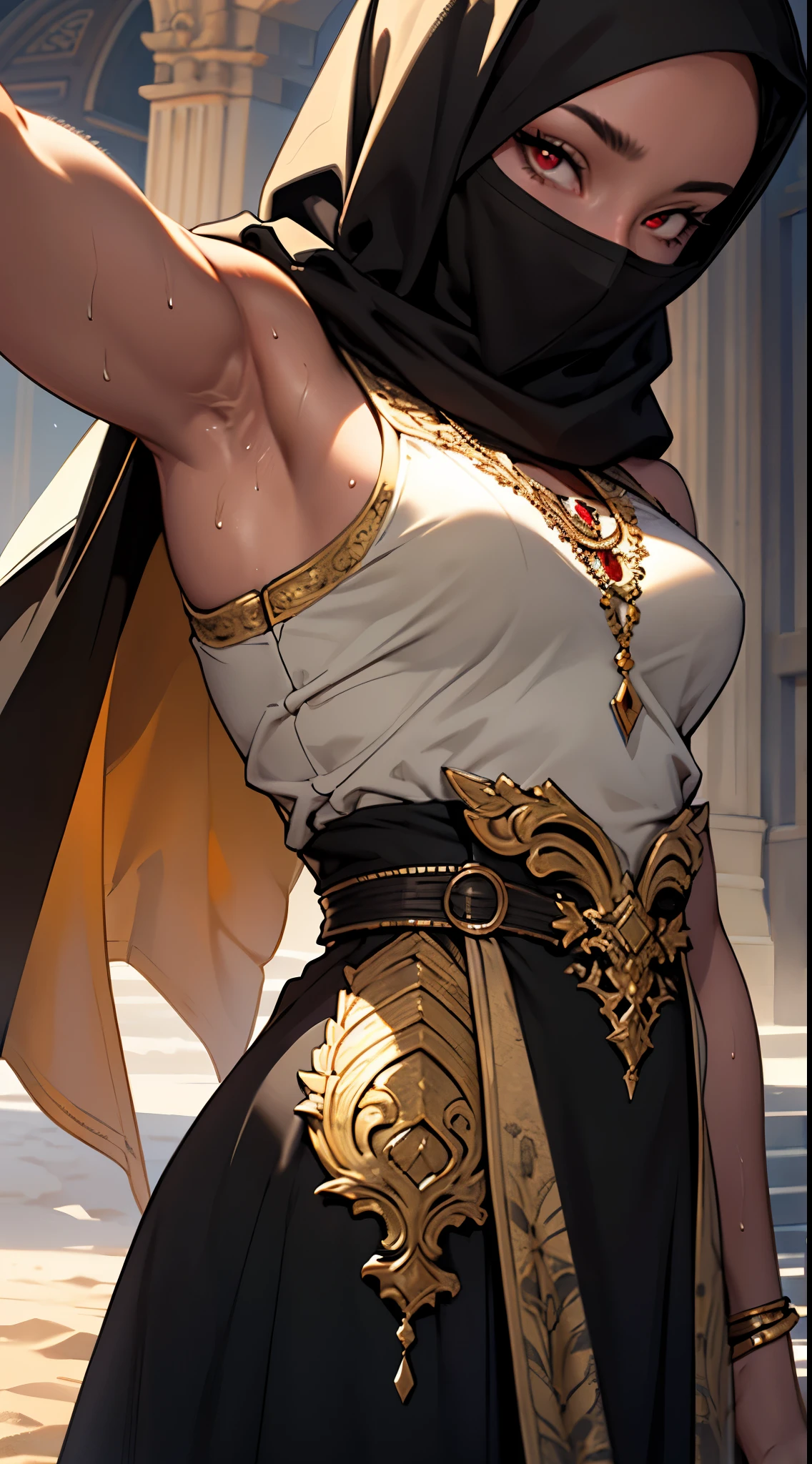 master piece, best quality, photorealistic, high resolution, 1 girl, close up portrait,

desert queen, black hijab, black niqab, black dress, intricate golden armor, intricate golden embroidery,

beautiful red eyes, ultra detailed armpit, steamy sweaty armpit, tanned, glossy skin

desert castle, back lighting, volumetric lighting,
