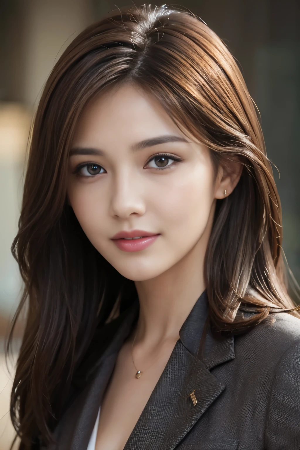 masterpiece, highest quality, realistic, Super detailed, attention to detail, High resolution, 8k wallpaper, one beautiful woman,, light brown messy hair, wearing a business suit, sharp focus, perfect dynamic composition, beautiful and fine eyes, fine hair, Detailed realistic skin texture, smile, close-up portrait, model body shape