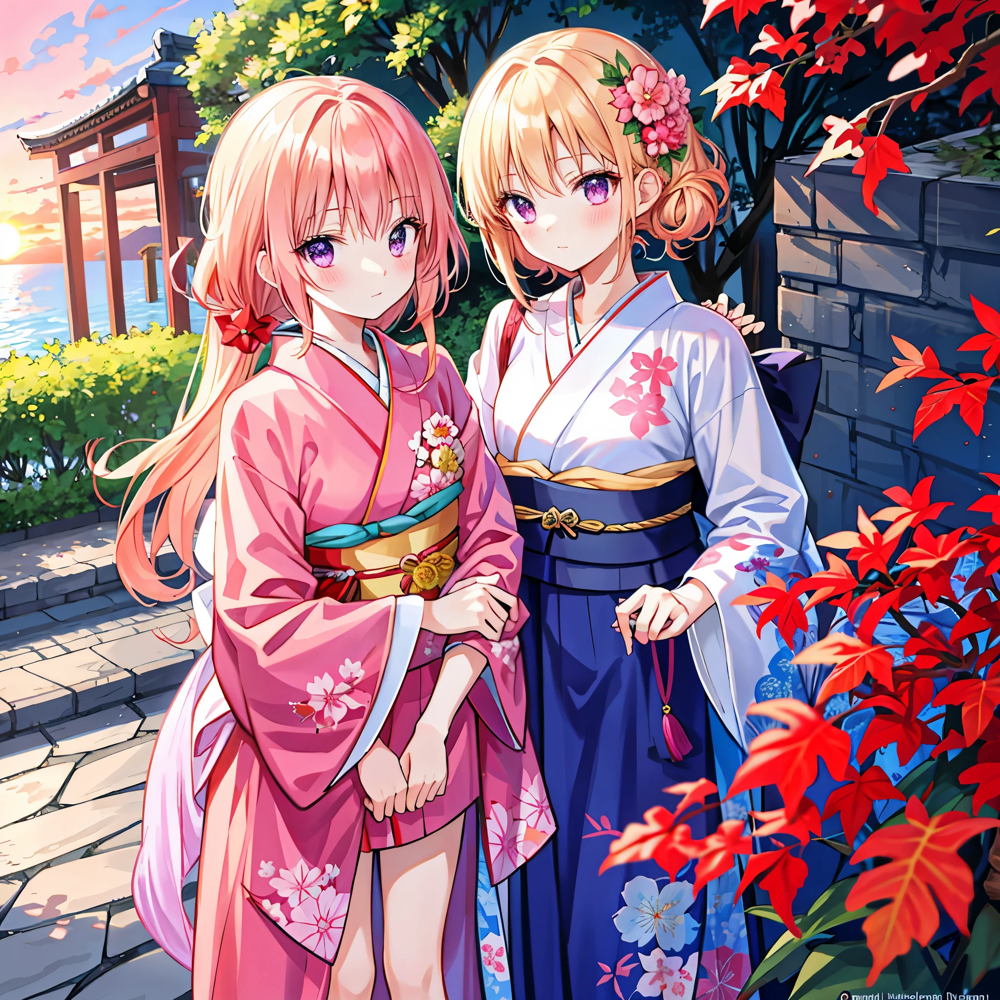red blushblonde hair, purple eyes, Beautiful girl alone, animesque, soro, Kimono, florals, sunrise, lonely、Heavenly daughter
