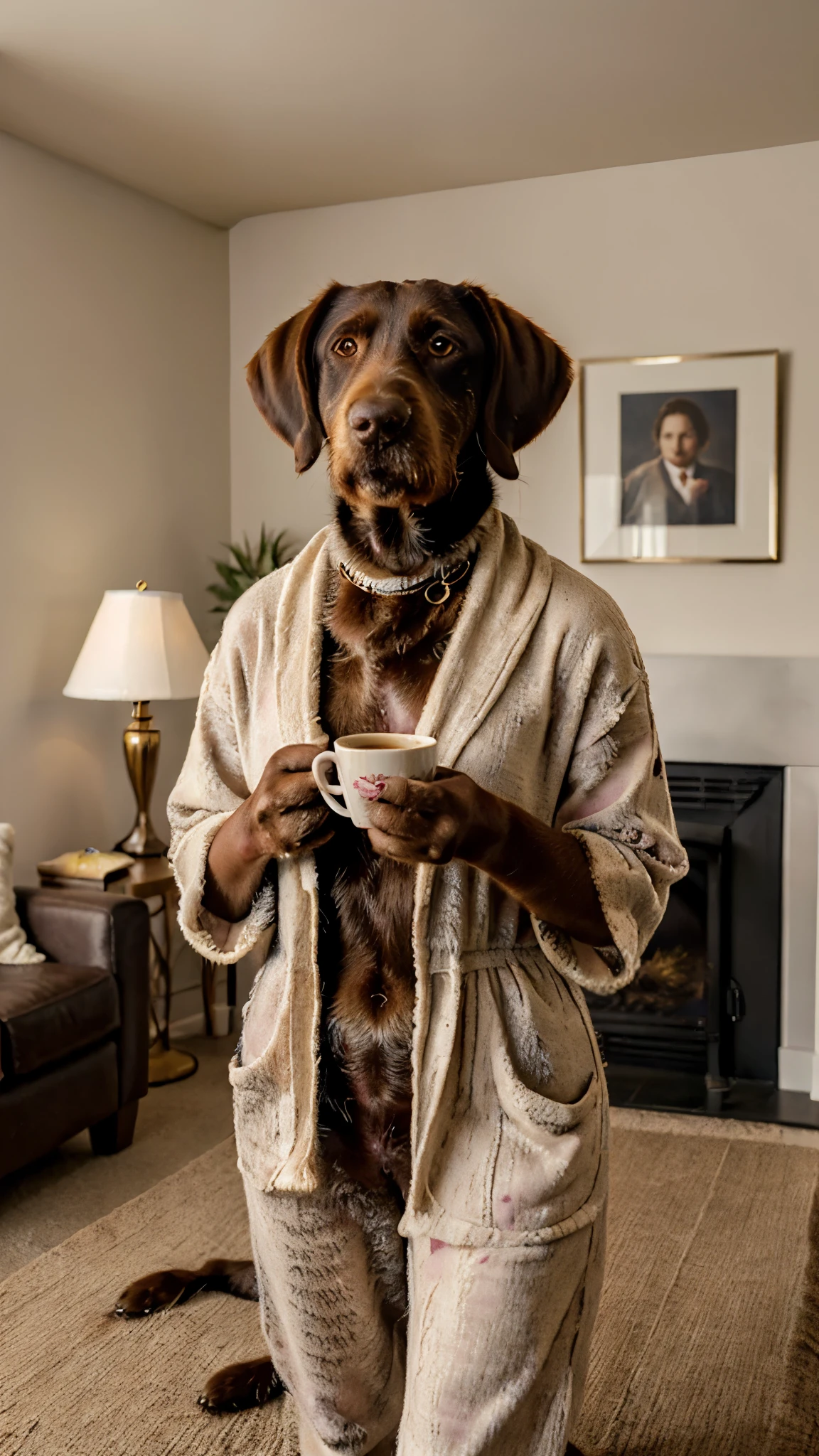 (best quality:1.23), (masterpiece:1.12), (realistic:1.24), (anthropomorphic dog:1.5) a woman like a Drahthaar holding a coffee cup, itting, in home dressing gown, eating breakfast and holding a coffee cup, hat, particles, volumetric lighting, room burn down, ground and chair on fire, lots of gadgets and equipment on gown, croissants, (plates, spoons, cutlery), photorealistic
