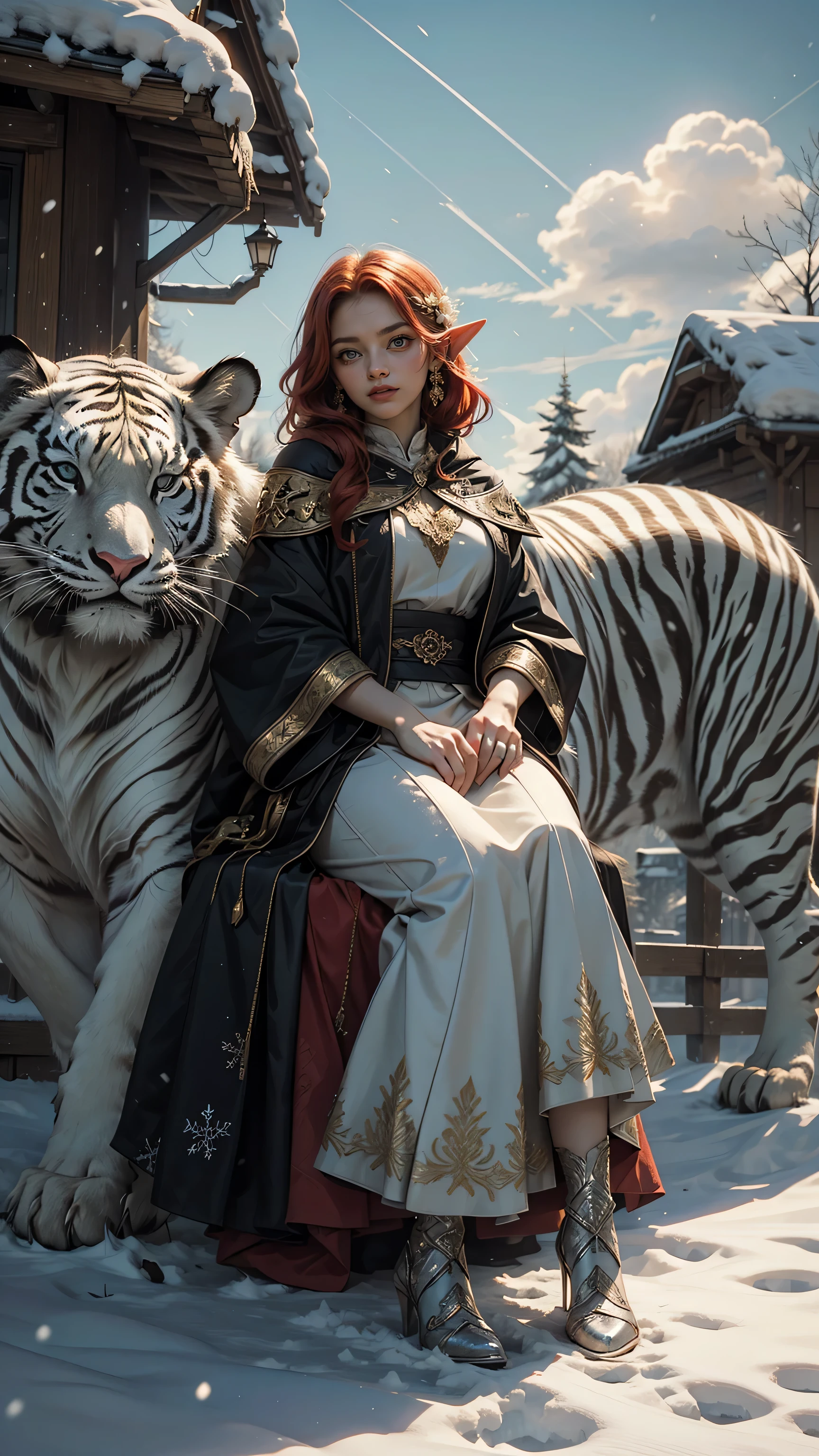 elven girl,pointy ears,detailed eyes, beautiful eyes,girl with red hair, yellow eyes, white tiger is sitting next to her, majestic white tiger ,outside,landscape, winter , snowflakes scatter, snow scatter, sky, clouds
