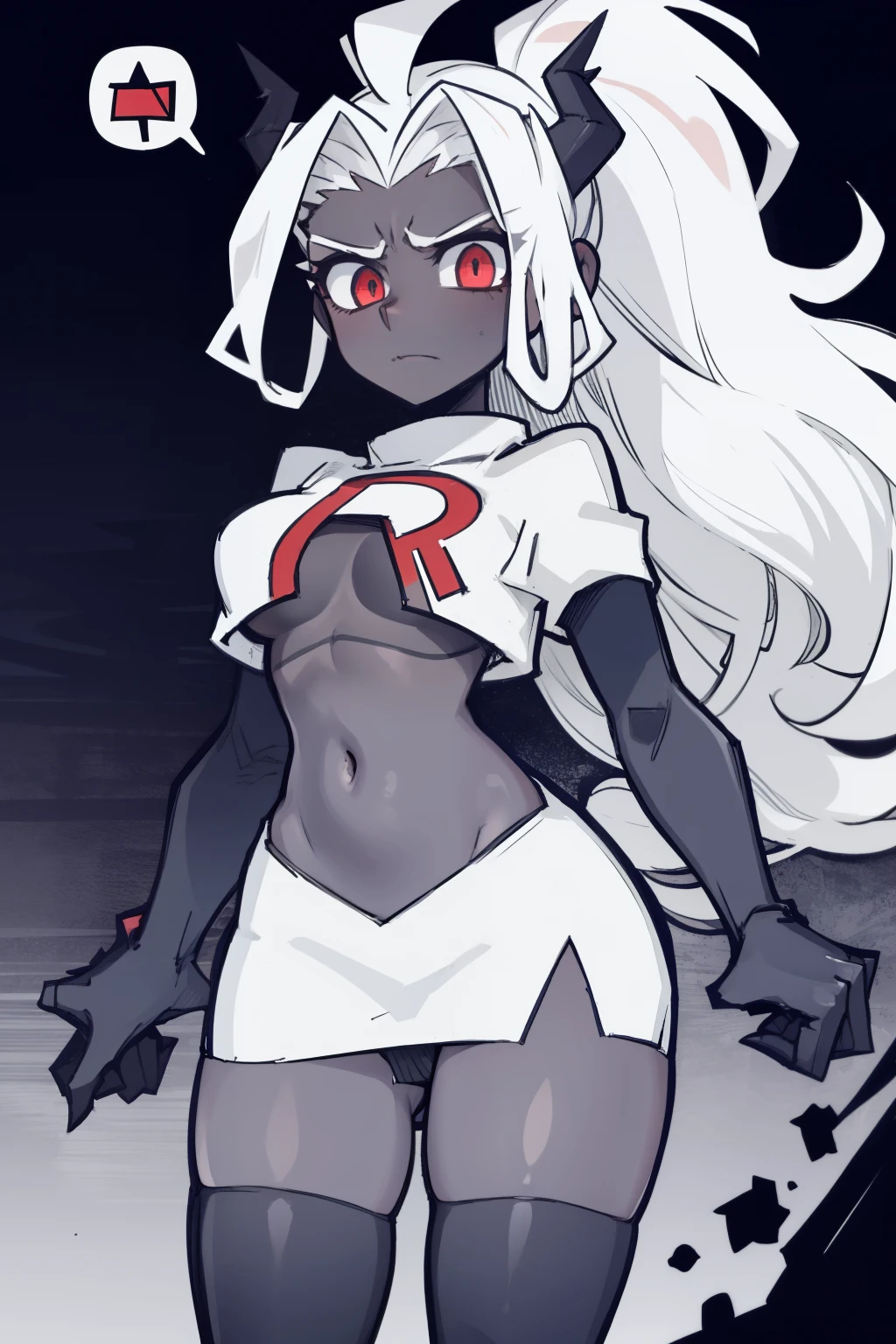 masterpiece, best quality,judgement with dark skin, white hair,team rocket,team rocket uniform,white skirt,red letter R,crop top,black thigh-highs,black elbow gloves, comic strip