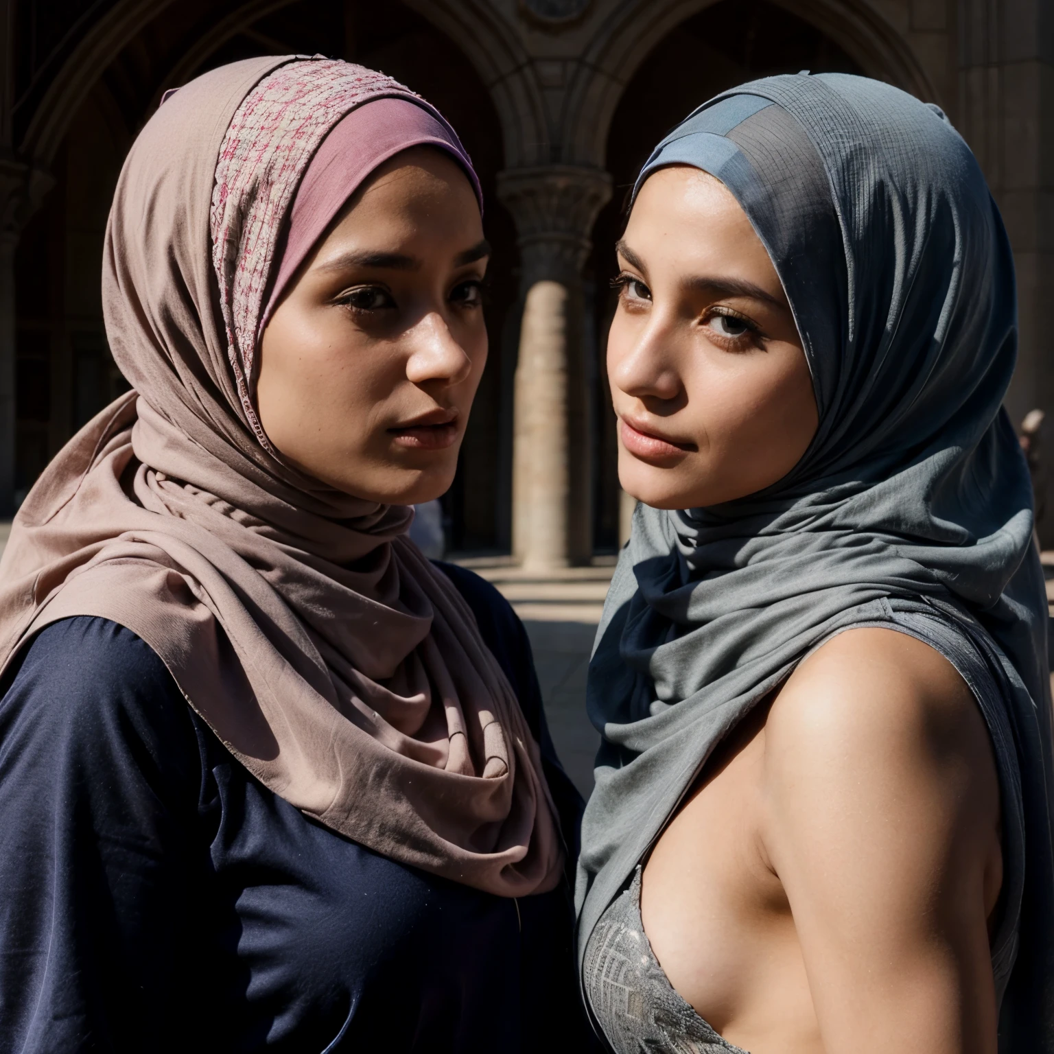 Deux femmes lesbiennes en hijab s'embrassent