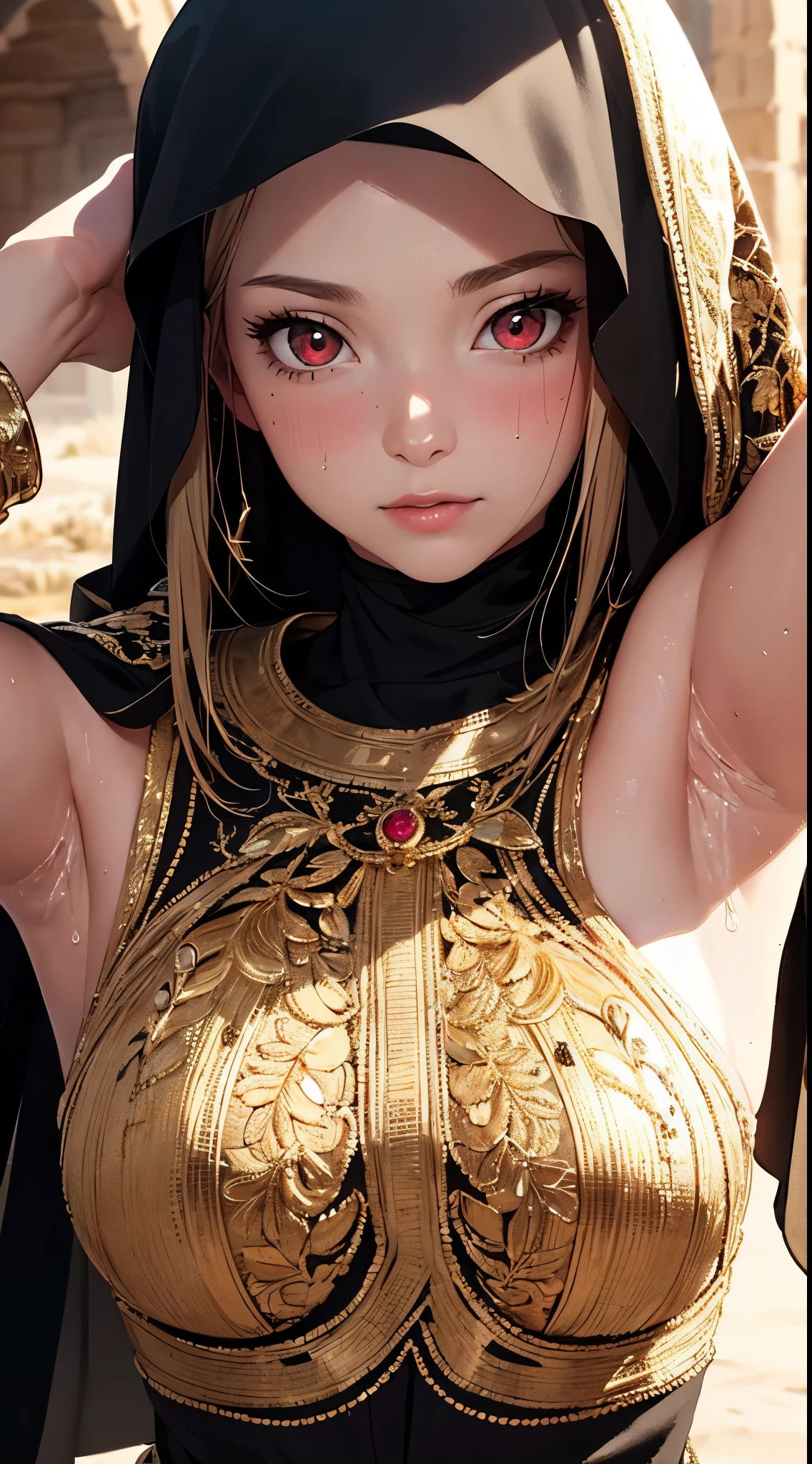 master piece, best quality, photorealistic, high resolution, 1 girl, close up portrait,

desert queen, black hijab, black niqab, black dress, intricate golden armor, intricate golden embroidery,

beautiful red eyes, ultra detailed armpit, steamy sweaty armpit, tanned, glossy skin

desert castle, back lighting, volumetric lighting,