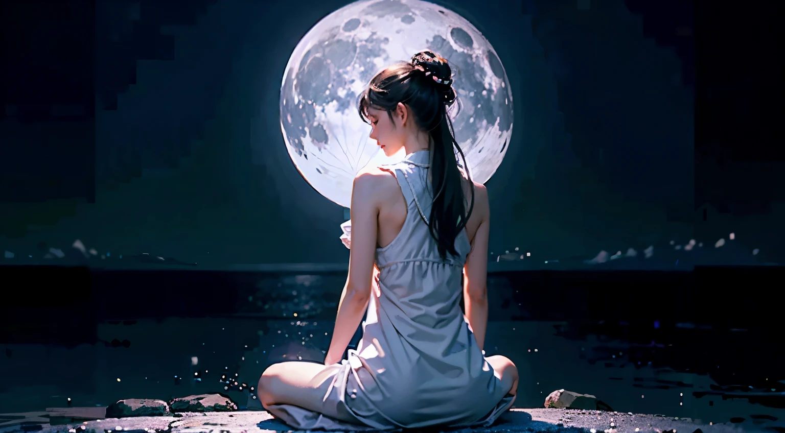 Meditation Poses　back view　woman　one person　full moon　night sky　beautiful　high resolution　real　white clothes