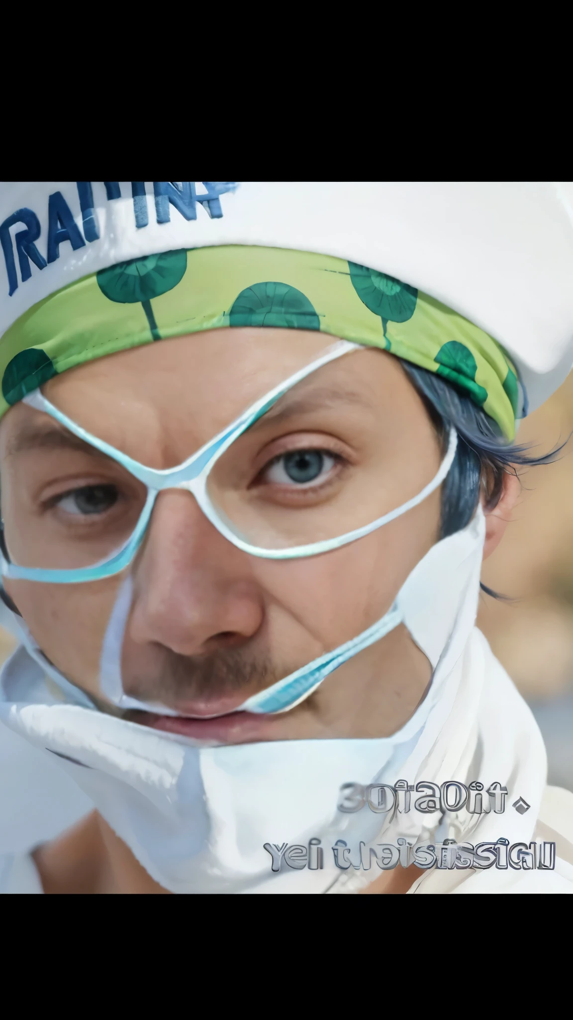 (masterpiece), (realistic), (ultra detailed), ( high reest quality), (photorealistic), (perfect face), (perfect anatomy), ((Franciscan)), man, male, solo, (((30 years old))), buggy from one piece, buggy, one piece, long hair, blue hair, wearing big hat, wearing a white robe, wearing, a white hat, wearing a green headband