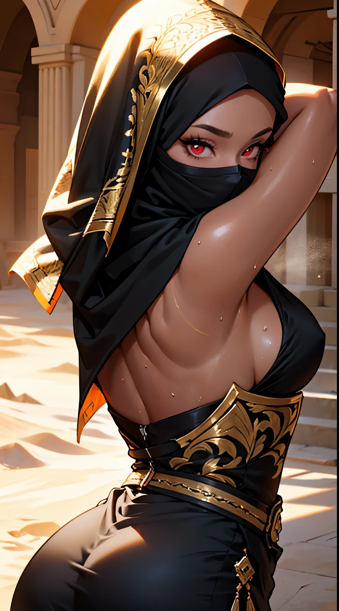 master piece, best quality, photorealistic, high resolution, 1 girl, close up portrait,

desert queen, black hijab, black niqab, black dress, intricate golden armor, intricate golden embroidery,

beautiful red eyes, ultra detailed armpit, steamy sweaty armpit, tanned, glossy skin

desert castle, back lighting, volumetric lighting,