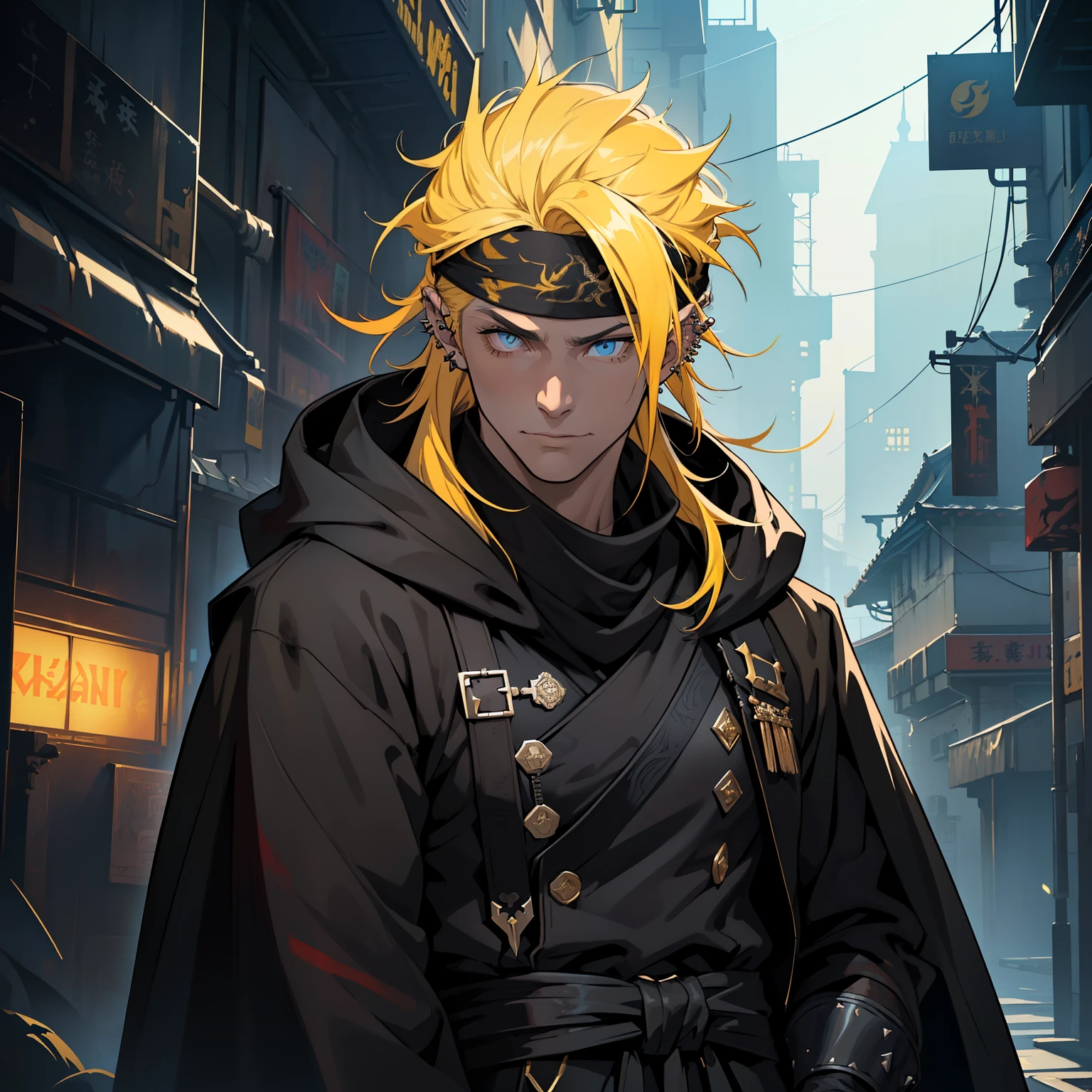 (in 8K、top-quality、​masterpiece:1.2)、Vampire、Cyberpunk men、fantasy worlds、dark backgrounds、Clean design、Magnificent Instagram、art  stations、Colorful paint splatter、silhuette、Ultra-detailed intricate details、unrealengine、Fantasia、intricate detailes、Splash Screen、Complementary color scheme、Fantasy concept art、an oil painting、heavy strokes、Paint dripping、(isolated on white:1.3)、Rainbow skin、(((Handsome young man)))、(glowingblueeyes)、 ((Bright eye)), ((Bandana hair)), ((Ear Piercing)), (( spiky Long Yellow hair:1.1))), ((Black Millitary Coat)), (prinz\\(indifferent look\\),(Wearing a luxurious black robe with high detail))), Yellow-haired, Frost magic, ((breastsout), ((Wizard)).